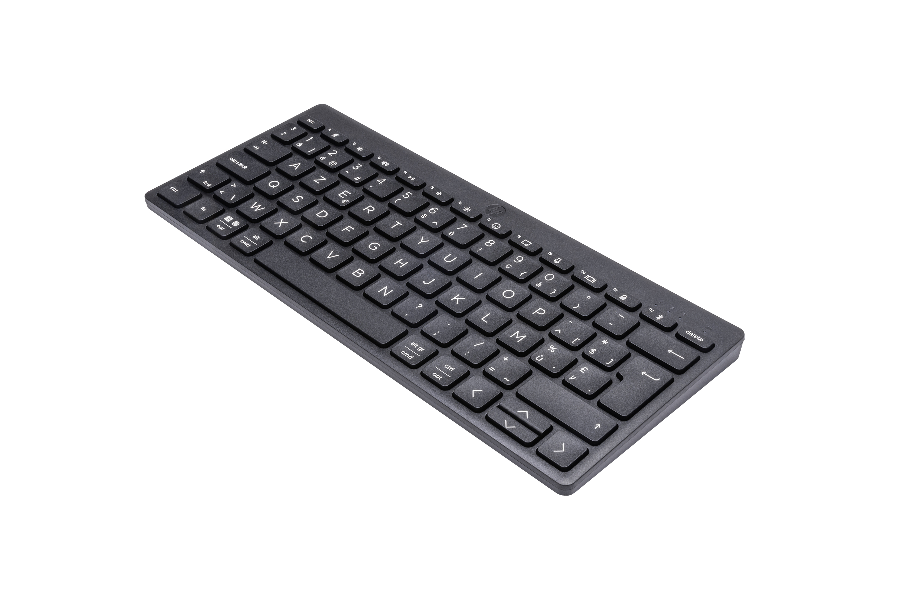 Eine schwarze kompakte Tastatur mit weißen Beschriftungen auf weißem Hintergrund.
