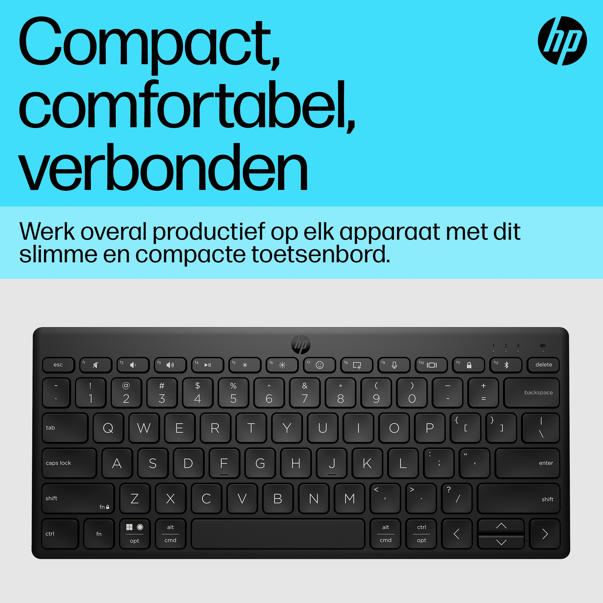 Schwarze HP-Tastatur mit Text auf blauem Hintergrund.