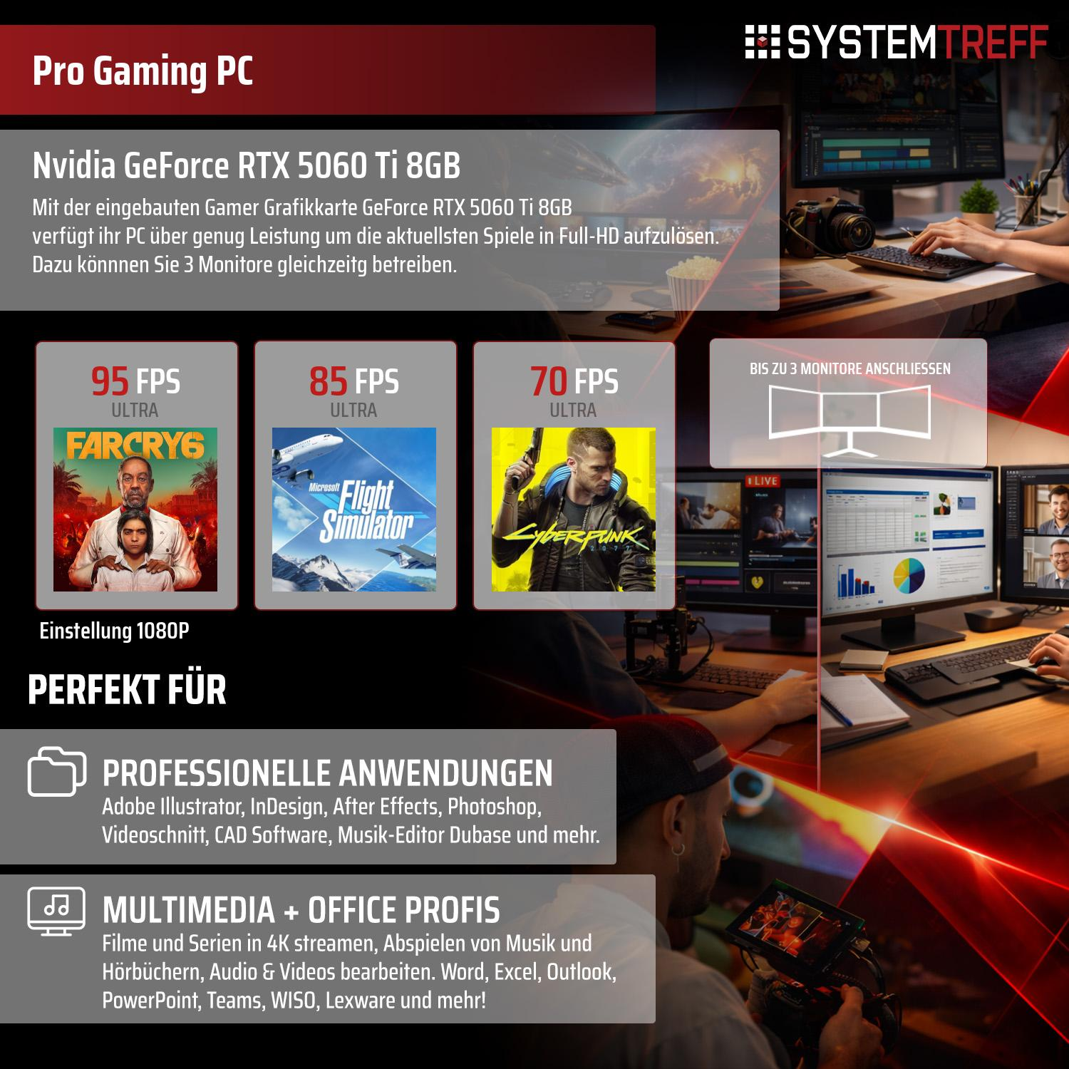 PC mit Nvidia RTX 5060 Ti, 3 Monitore, Gaming & Profi-Anwendungen.