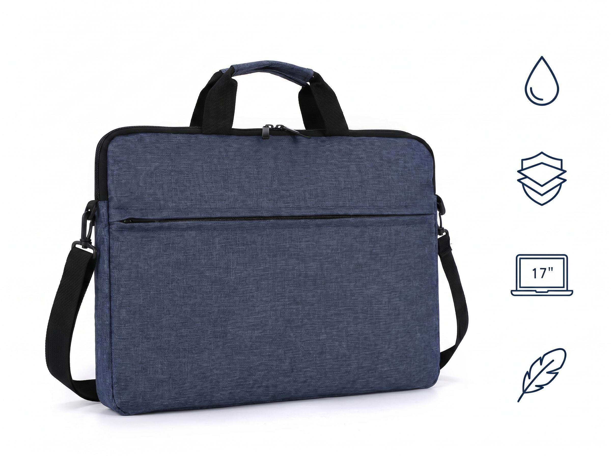Dunkelblaue Laptoptasche mit Henkeln und Trageriemen. Icons zeigen Wasser, Schutz und 17 Zoll.