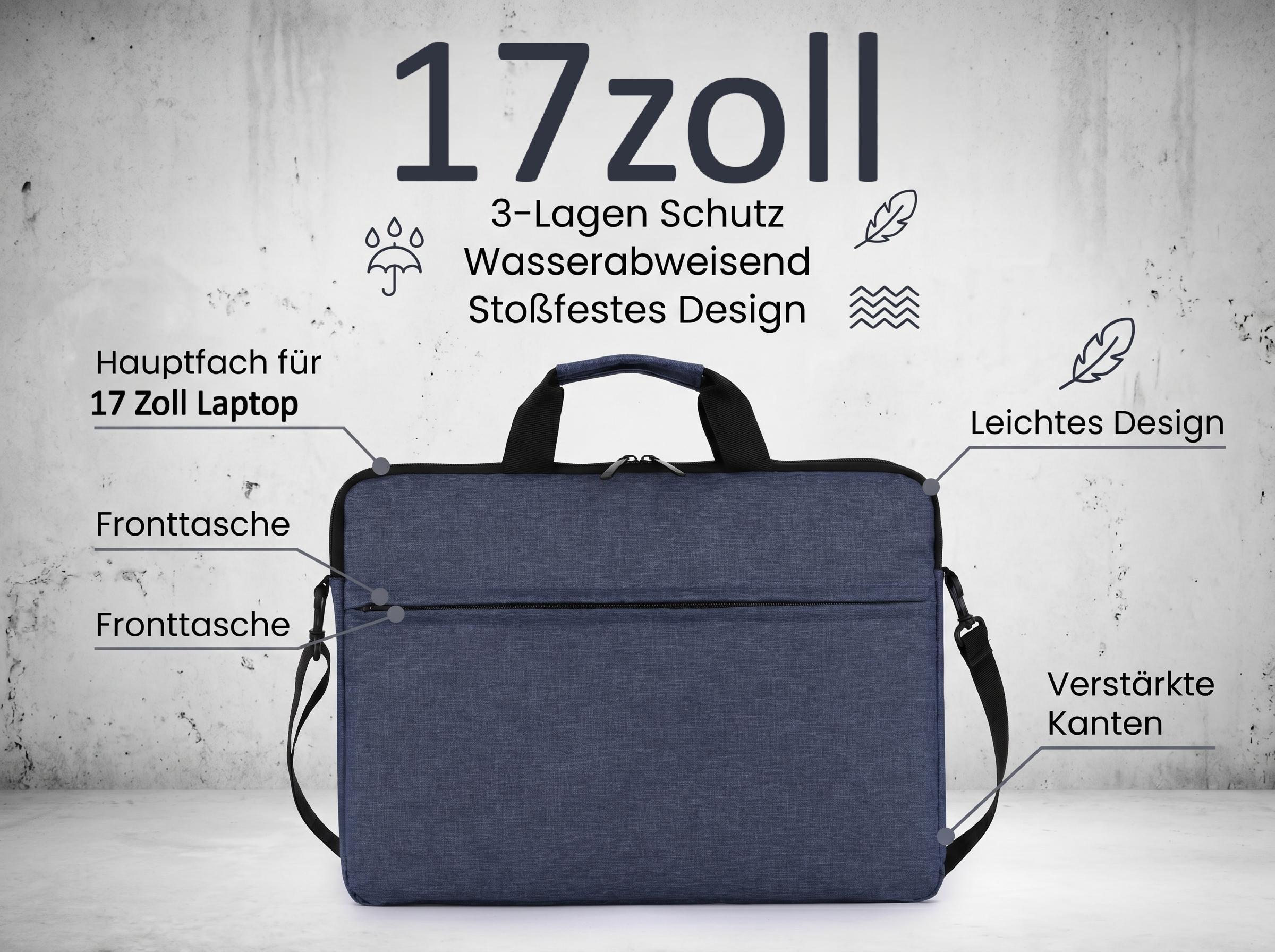 Dunkelblaue Laptoptasche mit Griffen, zwei Fronttaschen und verstärkten Kanten.