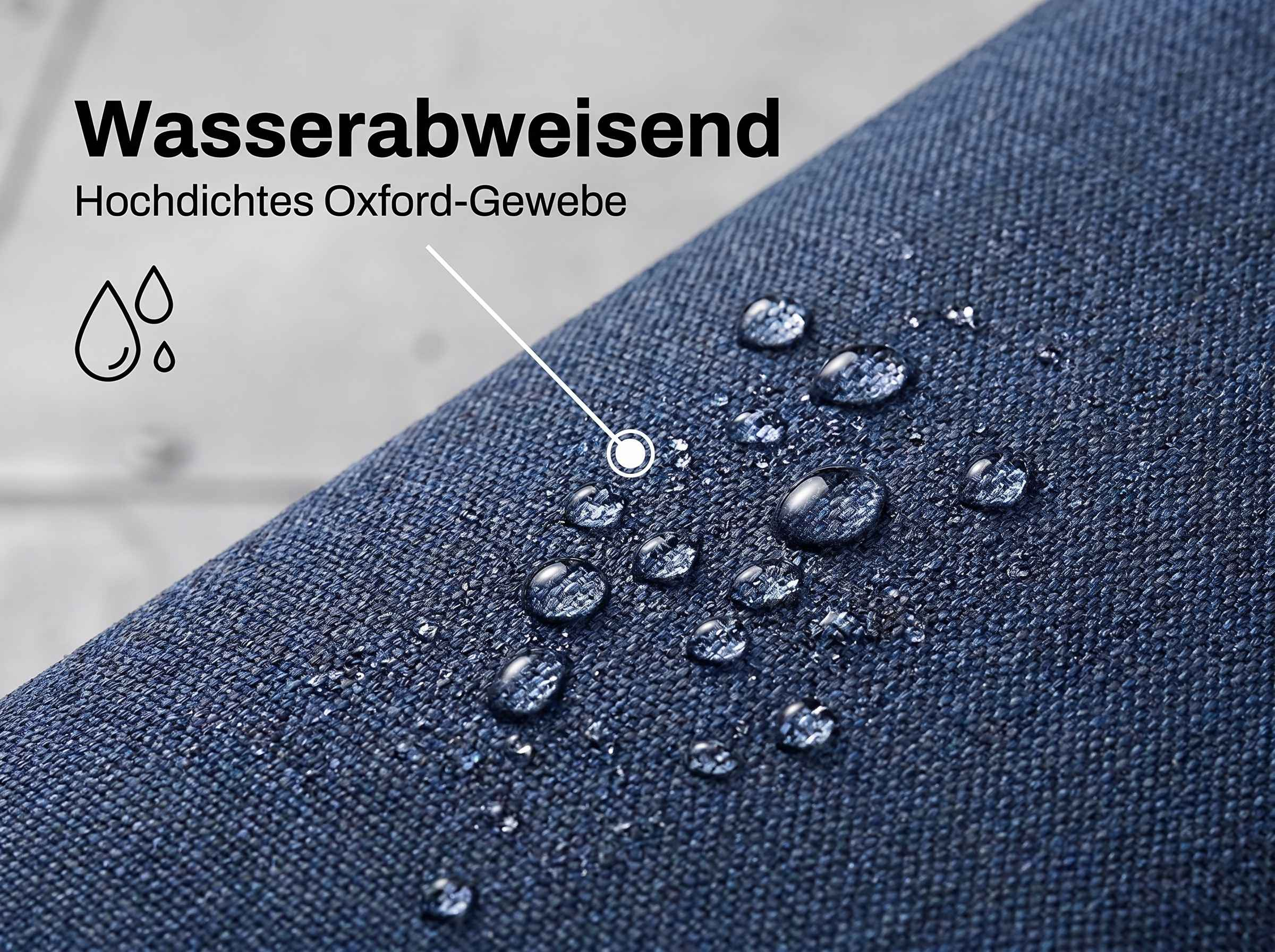 Wassertropfen auf dunkelblauem Oxford-Gewebe. Text: Wasserabweisend.