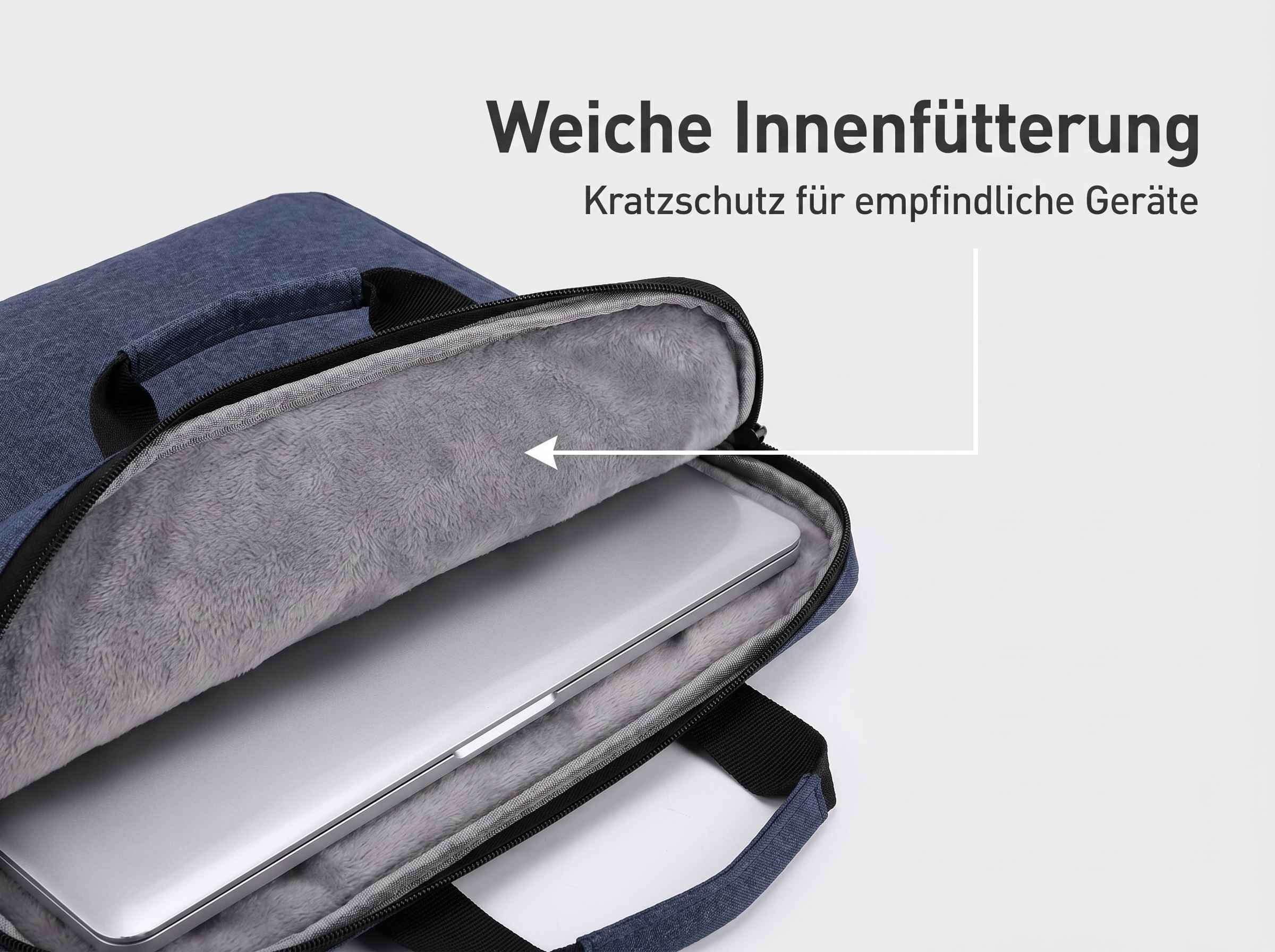 Eine blaue Laptoptasche mit weichem, grauem Innenfutter und einem silbernen Laptop.