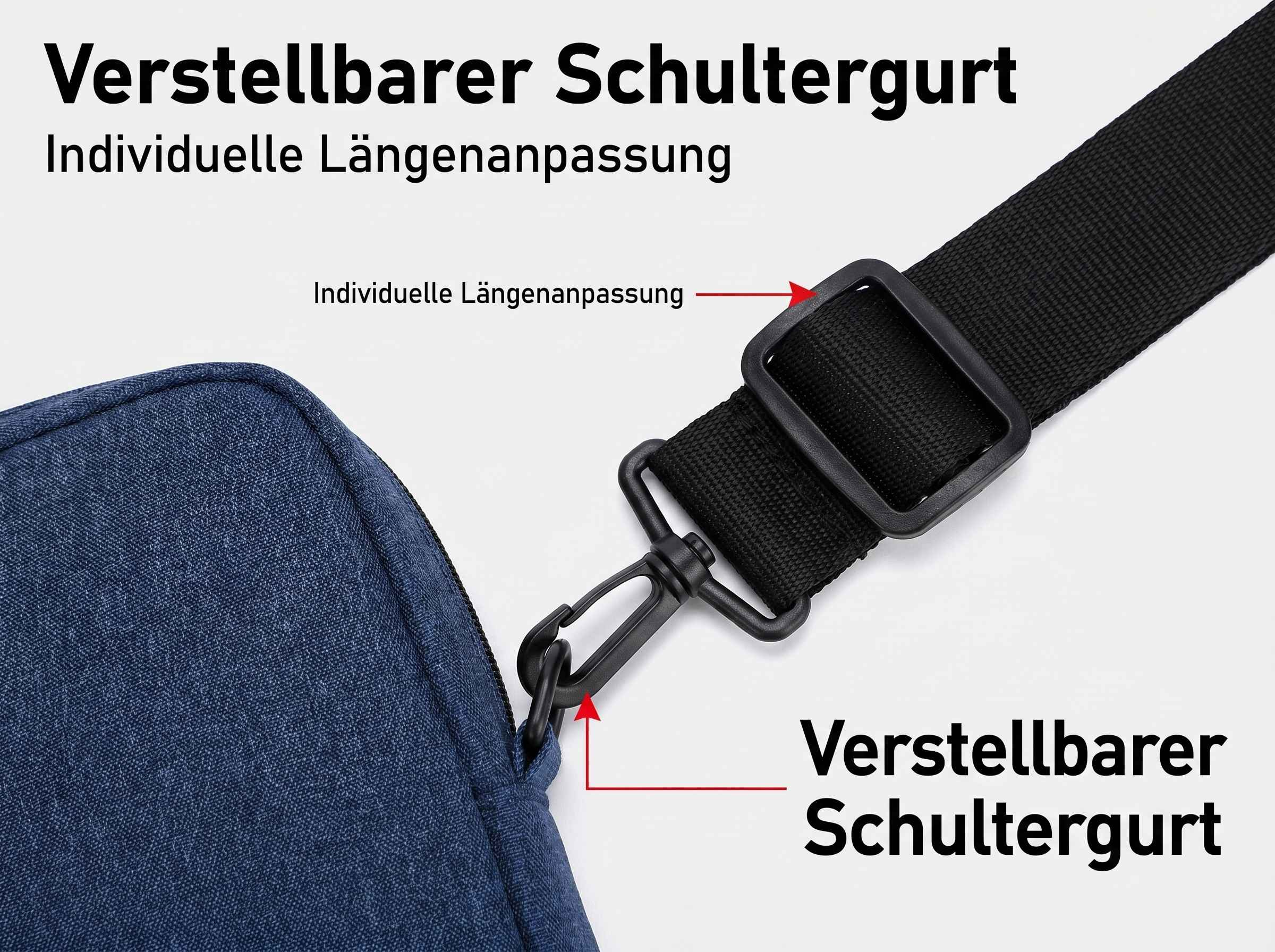 Verstellbarer Schultergurt mit Clip an blauer Tasche. Längenverstellung gezeigt.