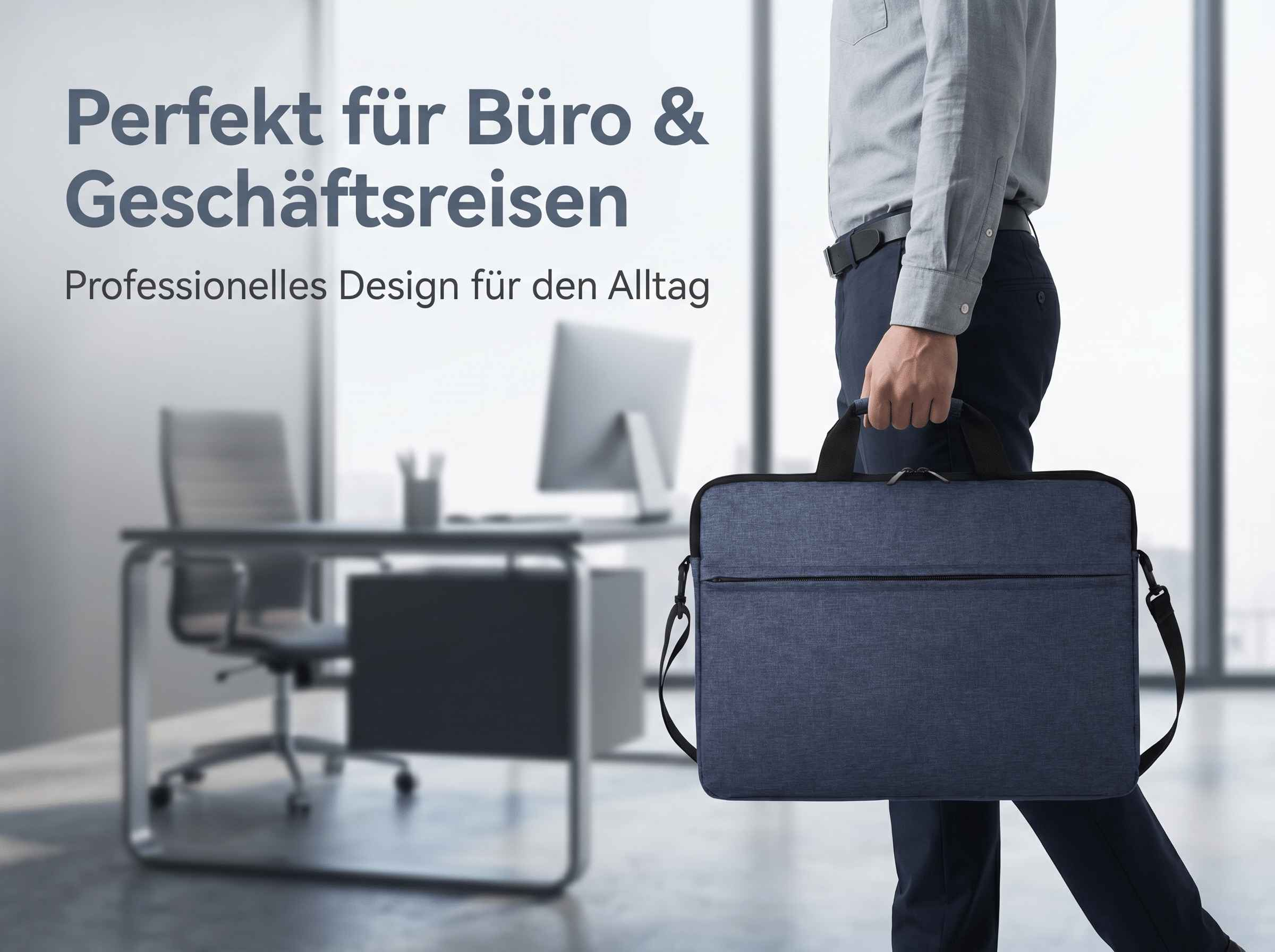 Mann mit blauer Laptoptasche, im Büro.