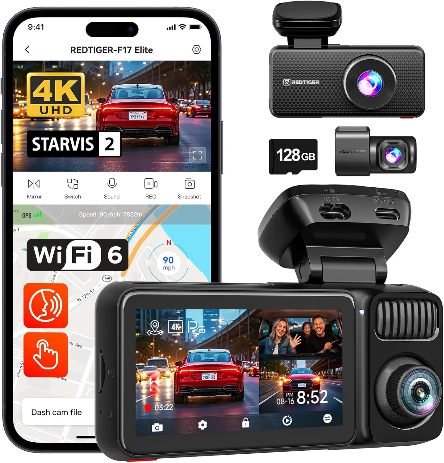 Ein Smartphone und ein Dashcam-Set mit 128-GB-Karte.