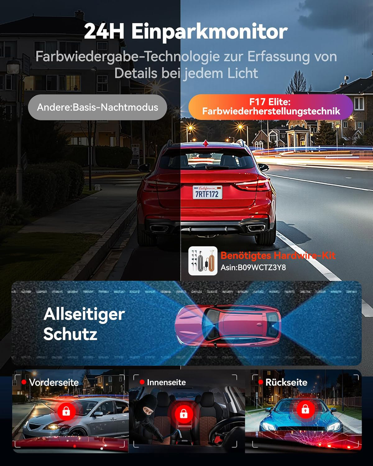 24H Parkmonitor mit Farbwiedergabetechnik. Zeigt Autos vorne, innen und hinten.