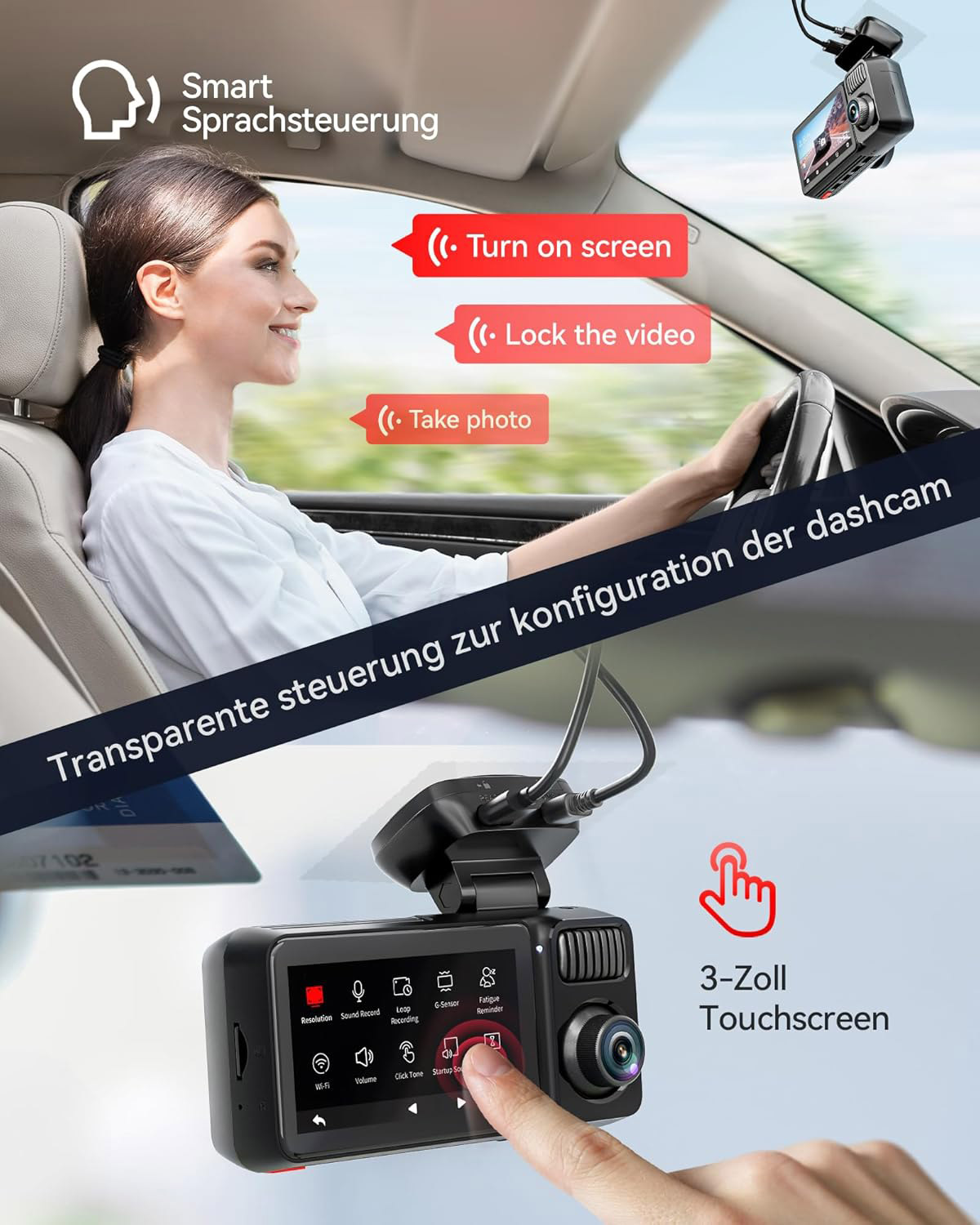 Eine Frau fährt Auto, während eine Dashcam mit Touchscreen und Sprachsteuerung gezeigt wird.
