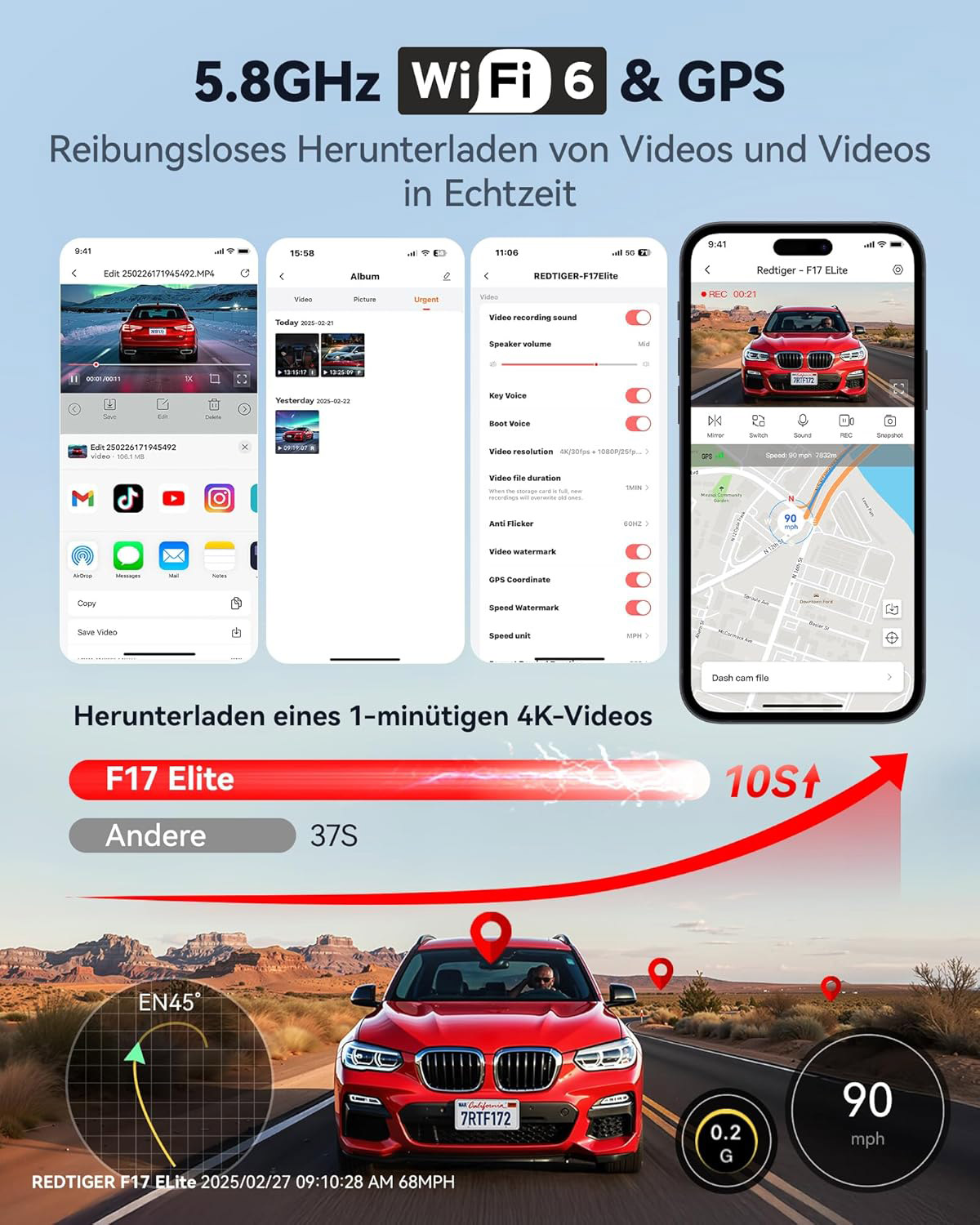 Redtiger F17 Elite Dashcam-App mit Video-Vorschau, Einstellungen und Straßenansicht.