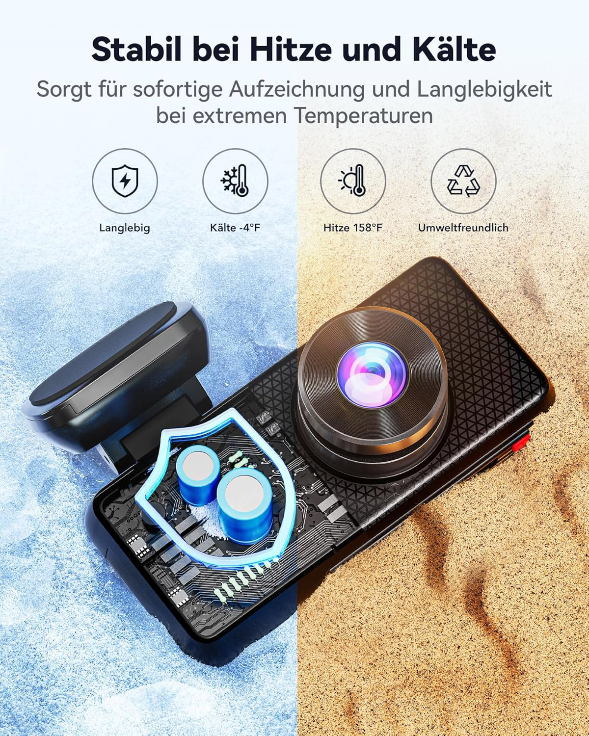 Gerät stabil bei Hitze/Kälte, mit Symbolen für Langlebigkeit, Kälte, Hitze, Umwelt.