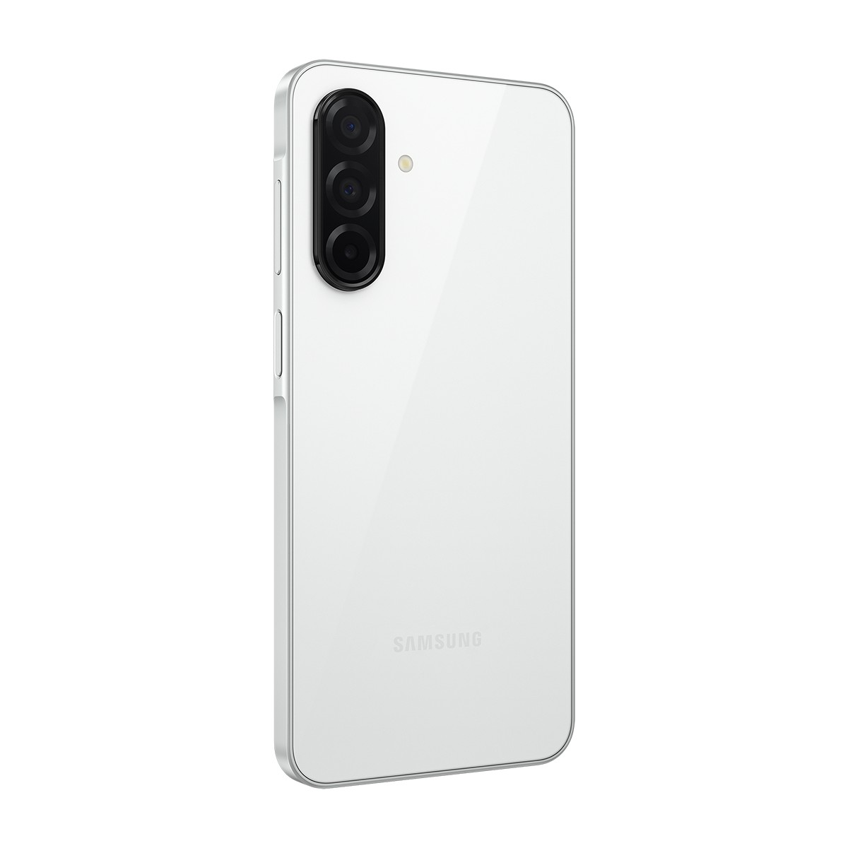 Üç kameralı beyaz Samsung telefon arkası ve gümüş çerçeve.