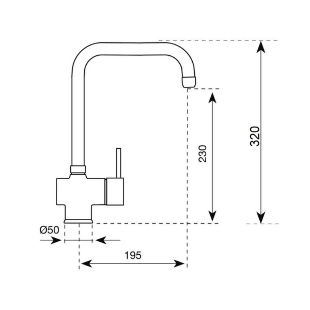 Disegno tecnico di un rubinetto con dimensioni: 50 mm Ø, 195 mm sporgenza, 230 mm altezza, 320 mm totale.