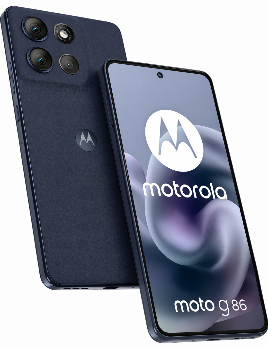 Ciemnoniebieski telefon Motorola moto g 86 z trzema aparatami z tyłu.