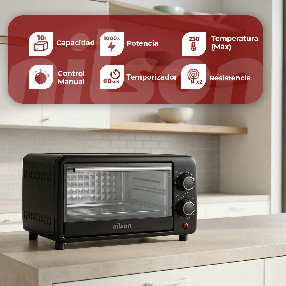 Horno tostador Nilson negro de 10L, 1000W, 230C, temporizador y doble resistencia.