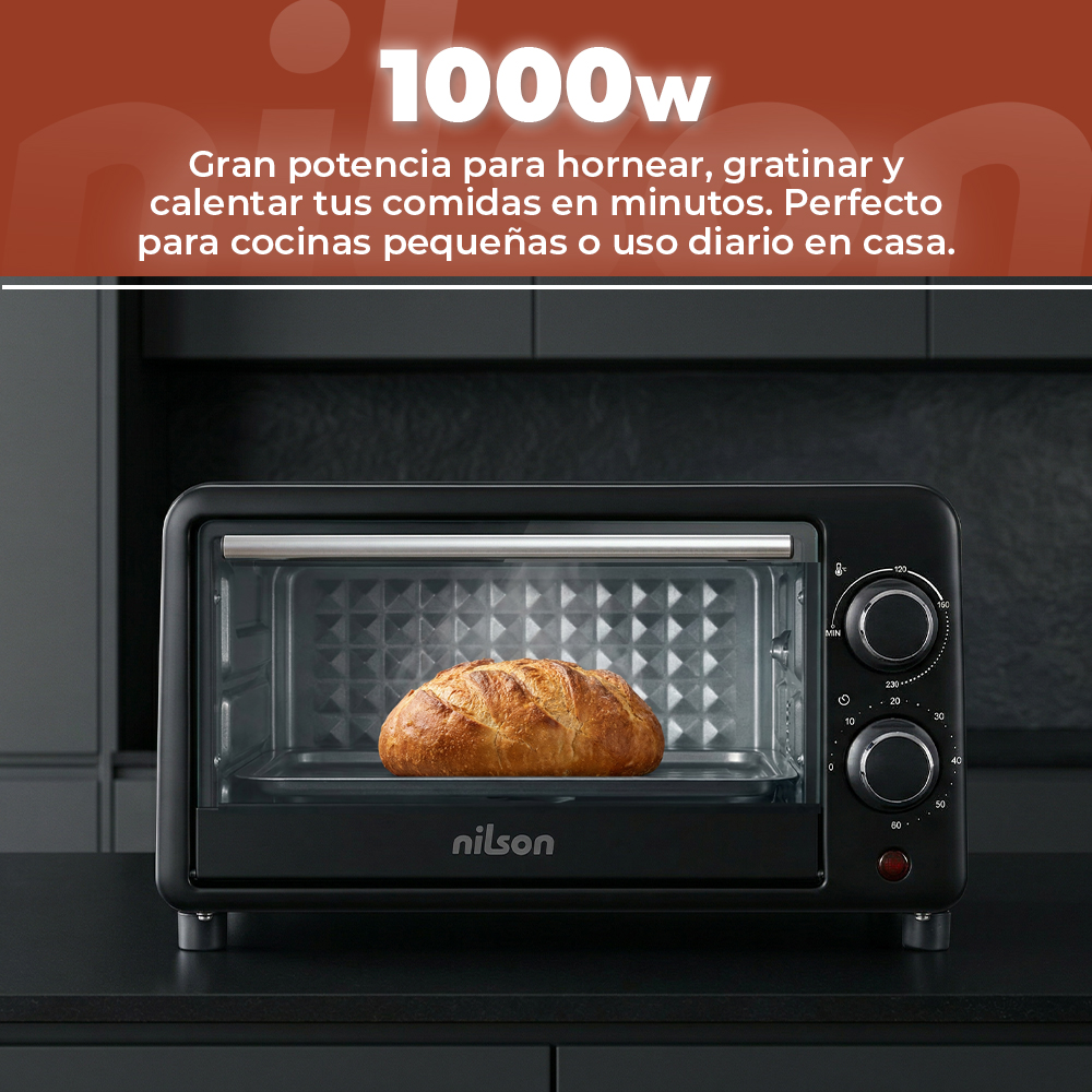 Un horno Nilson negro con un pan dentro, sobre una encimera oscura.
