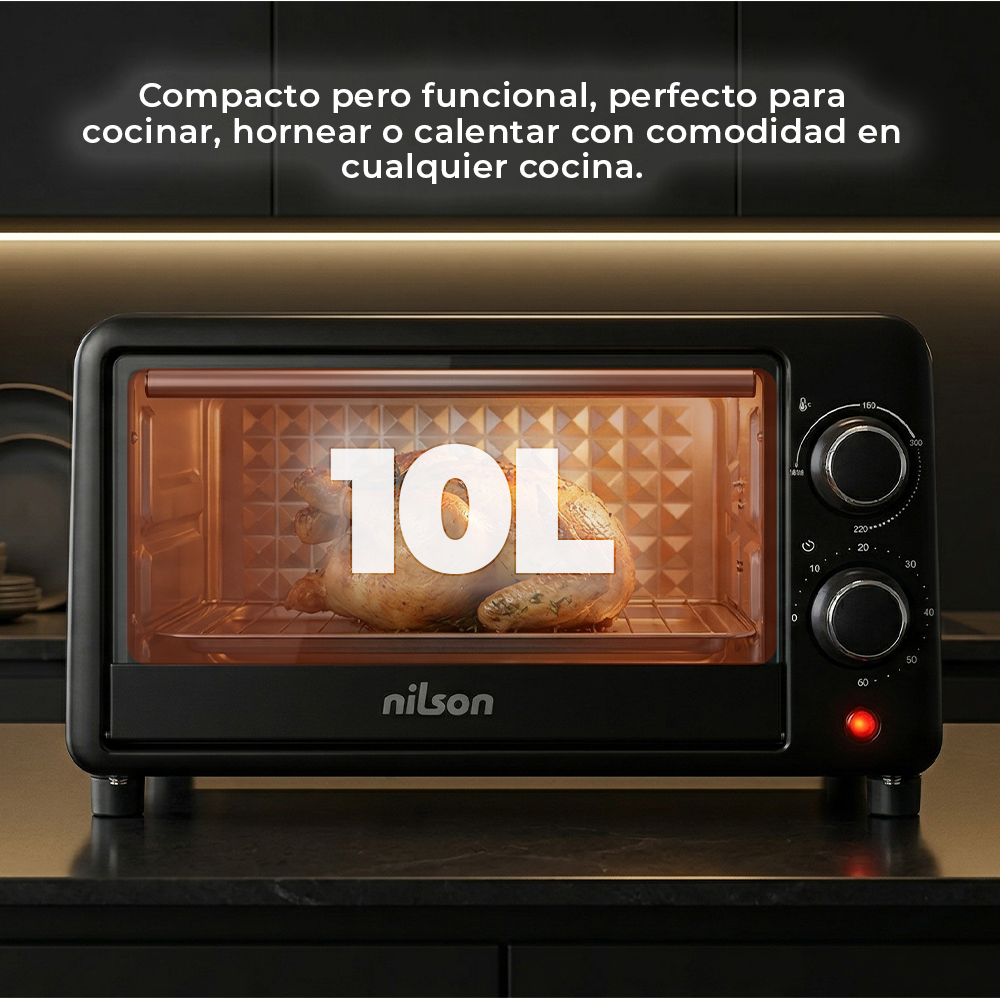 Un horno negro de encimera con un pollo asado y la etiqueta "10L".