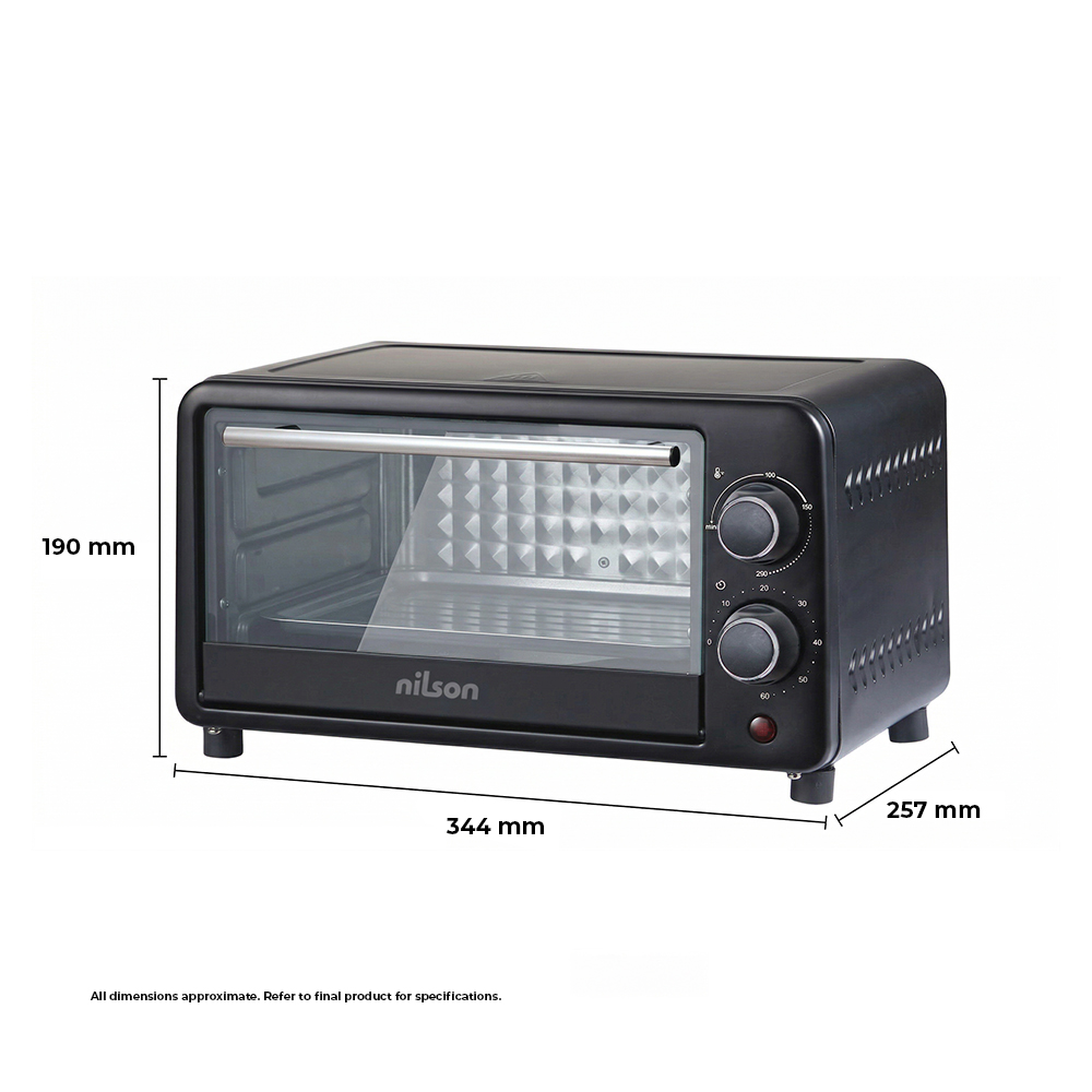 Mini horno Nilson negro con puerta de cristal, perillas y dimensiones.