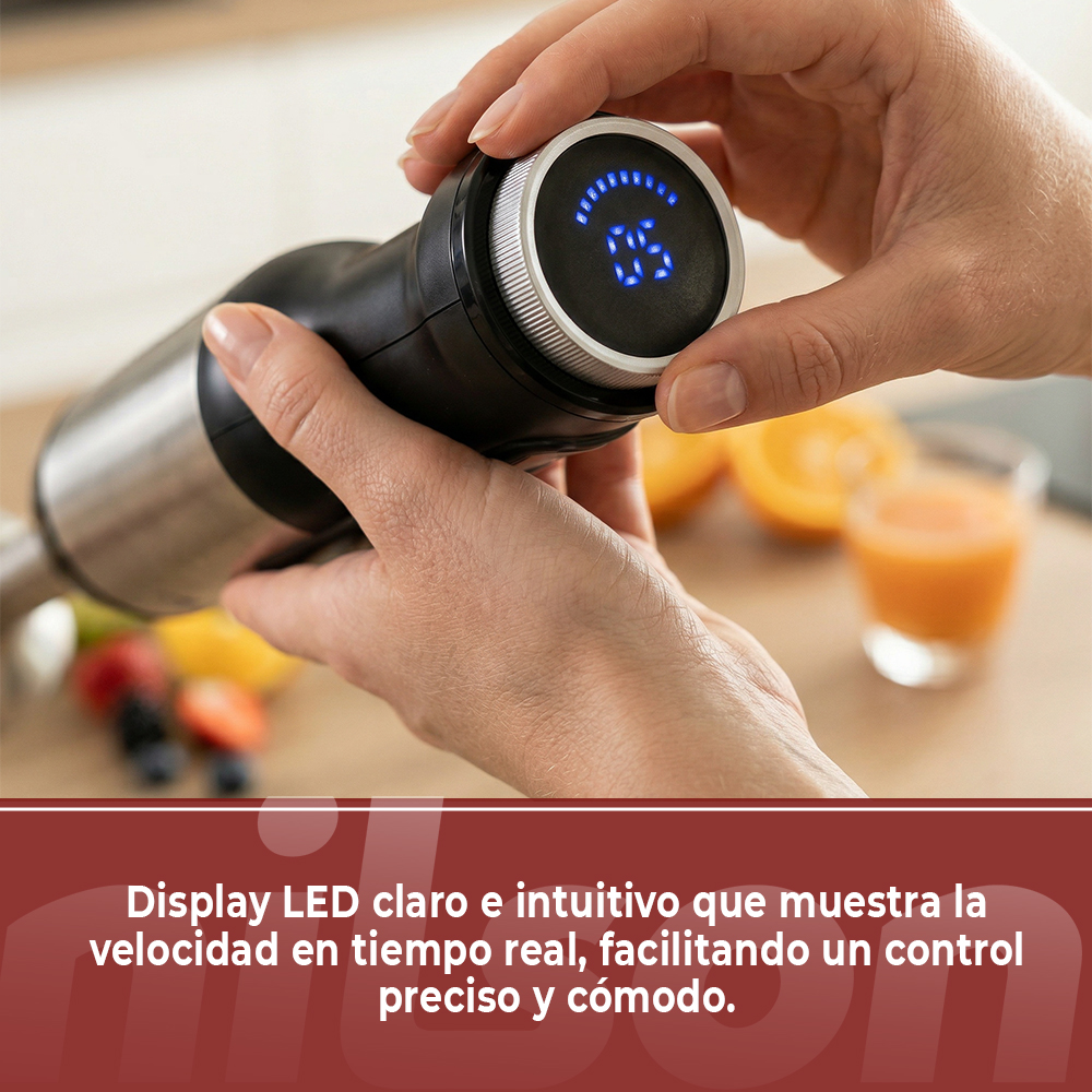 Manos operan una batidora de inmersión con pantalla LED azul y fruta de fondo.