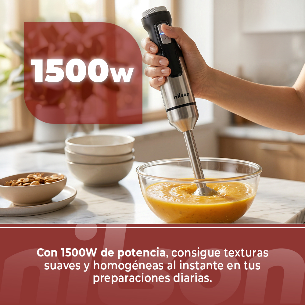 Batidora de mano de 1500W mezcla puré naranja en bol. Frutos secos en bol.
