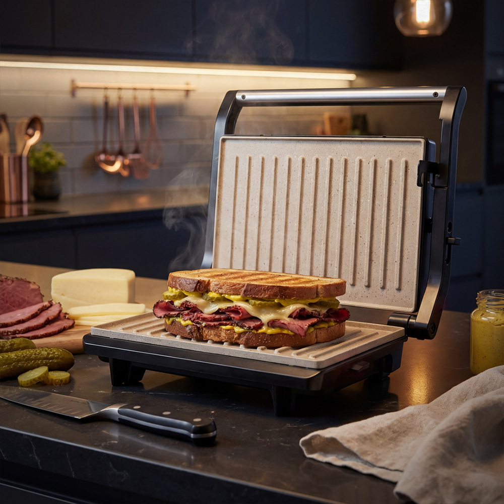 Un sándwich de carne y queso se está cocinando en una parrilla de contacto abierta.