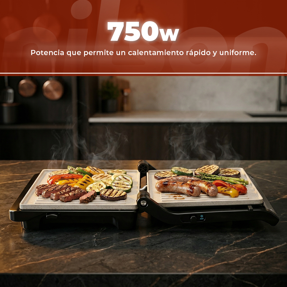 Una parrilla de contacto abierta con bistec, salchichas, calabacín, pimientos y espárragos.