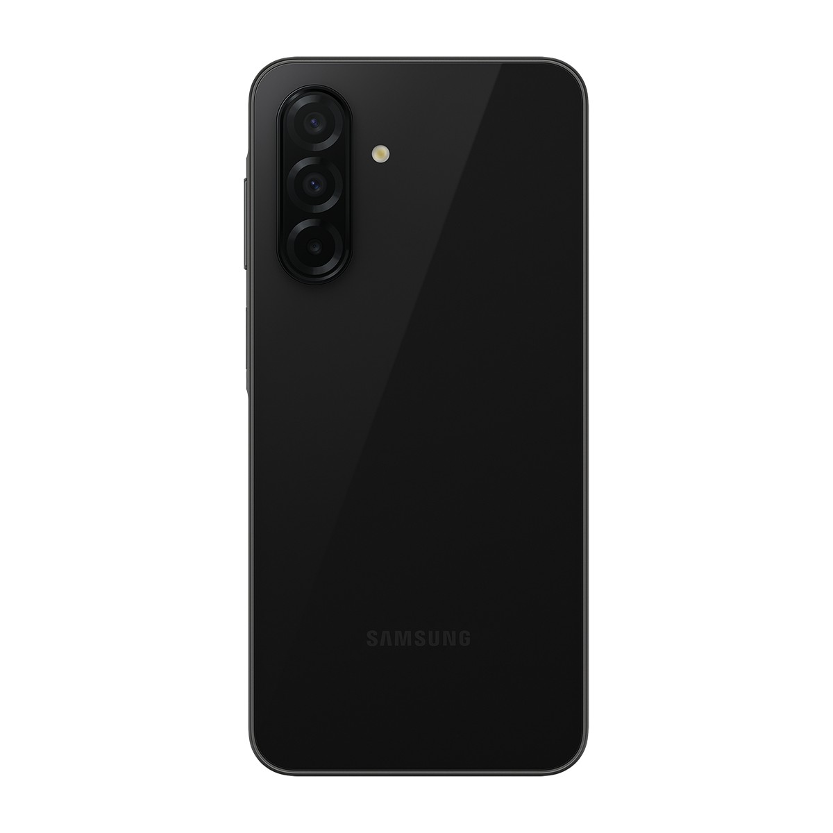 Arkadan siyah Samsung telefon. Dikey sirada uc kamera, flaş ile.