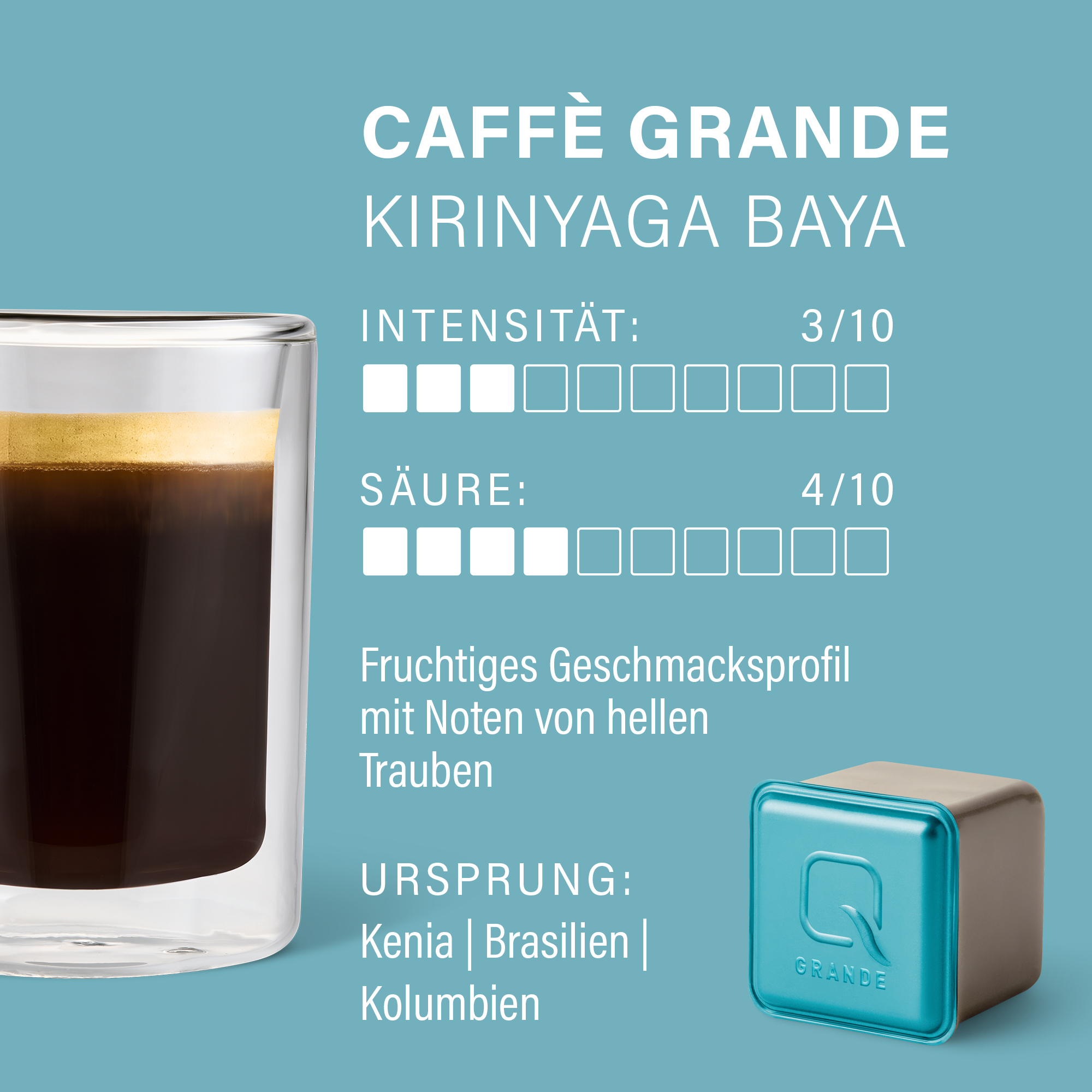 Kaffee mit Noten von Trauben, Intensität 3/10, Säure 4/10.