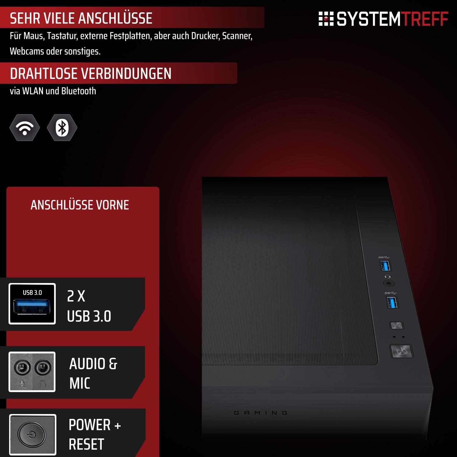 Schwarzes PC-Gehäuse mit Anschlüssen wie USB 3.0, Audio, Mic, Power und Reset.