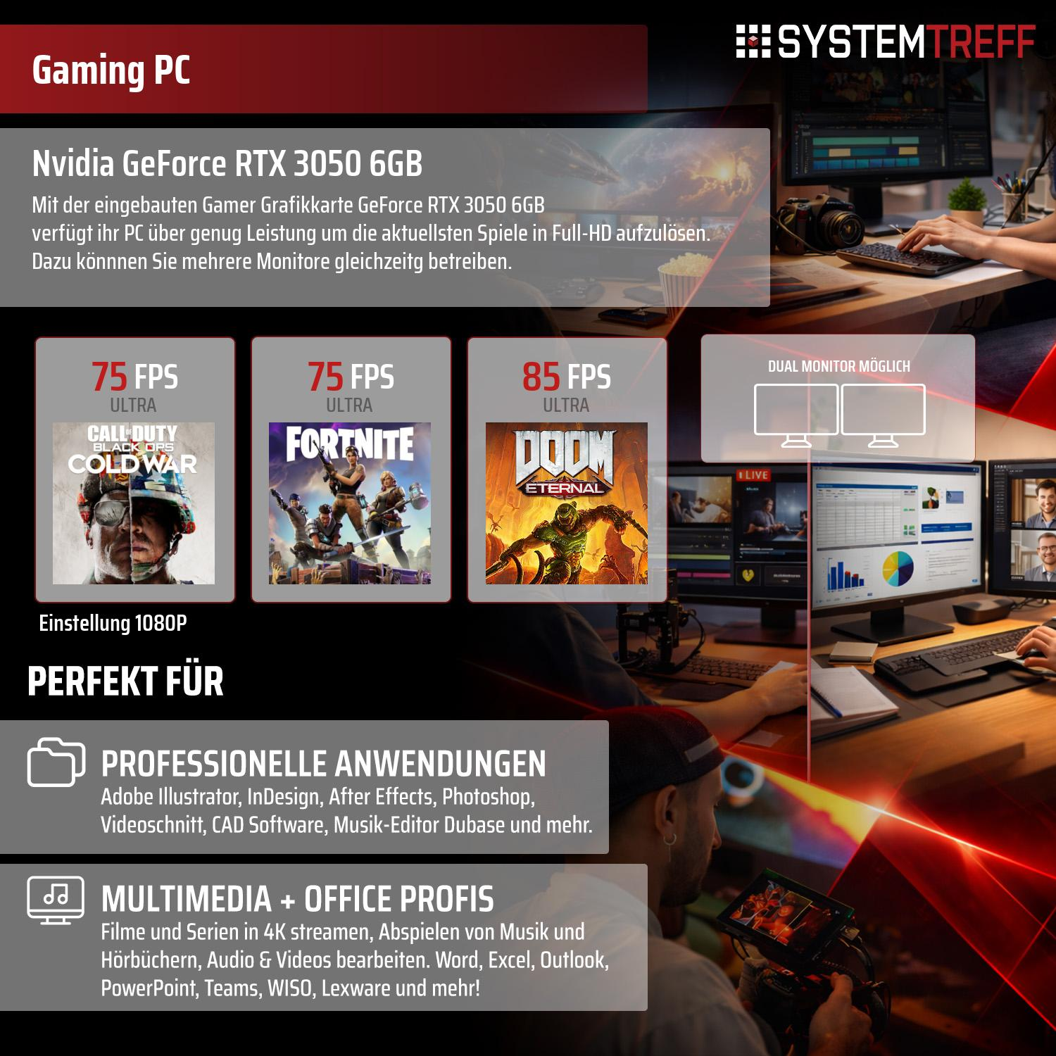 Gaming PC mit Nvidia RTX 3050: 75 FPS für CoD & Fortnite, 85 FPS für Doom. Ideal für Profis & Multimedia.