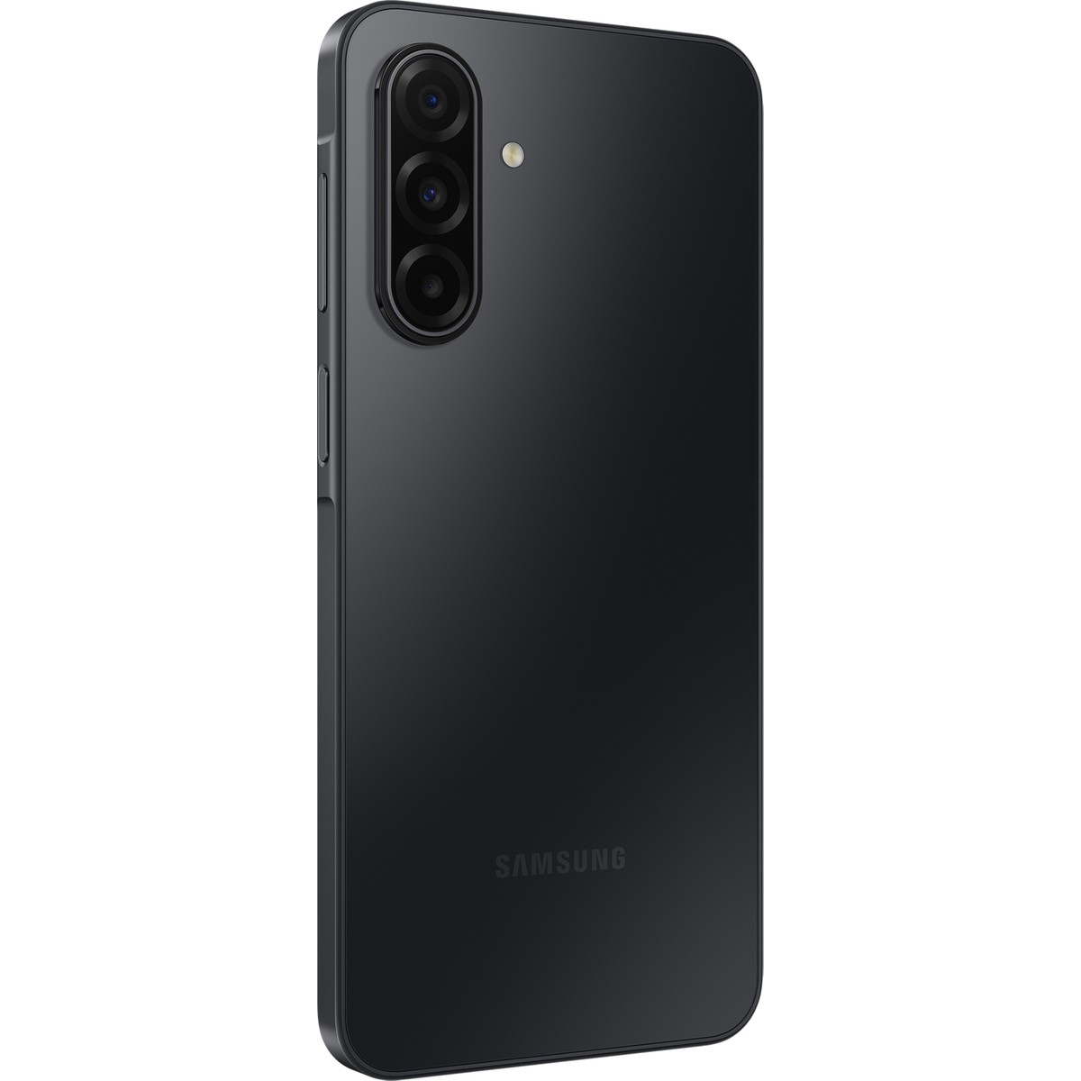 Mat yüzeyli, arkasında üç kamera bulunan siyah Samsung akıllı telefon.