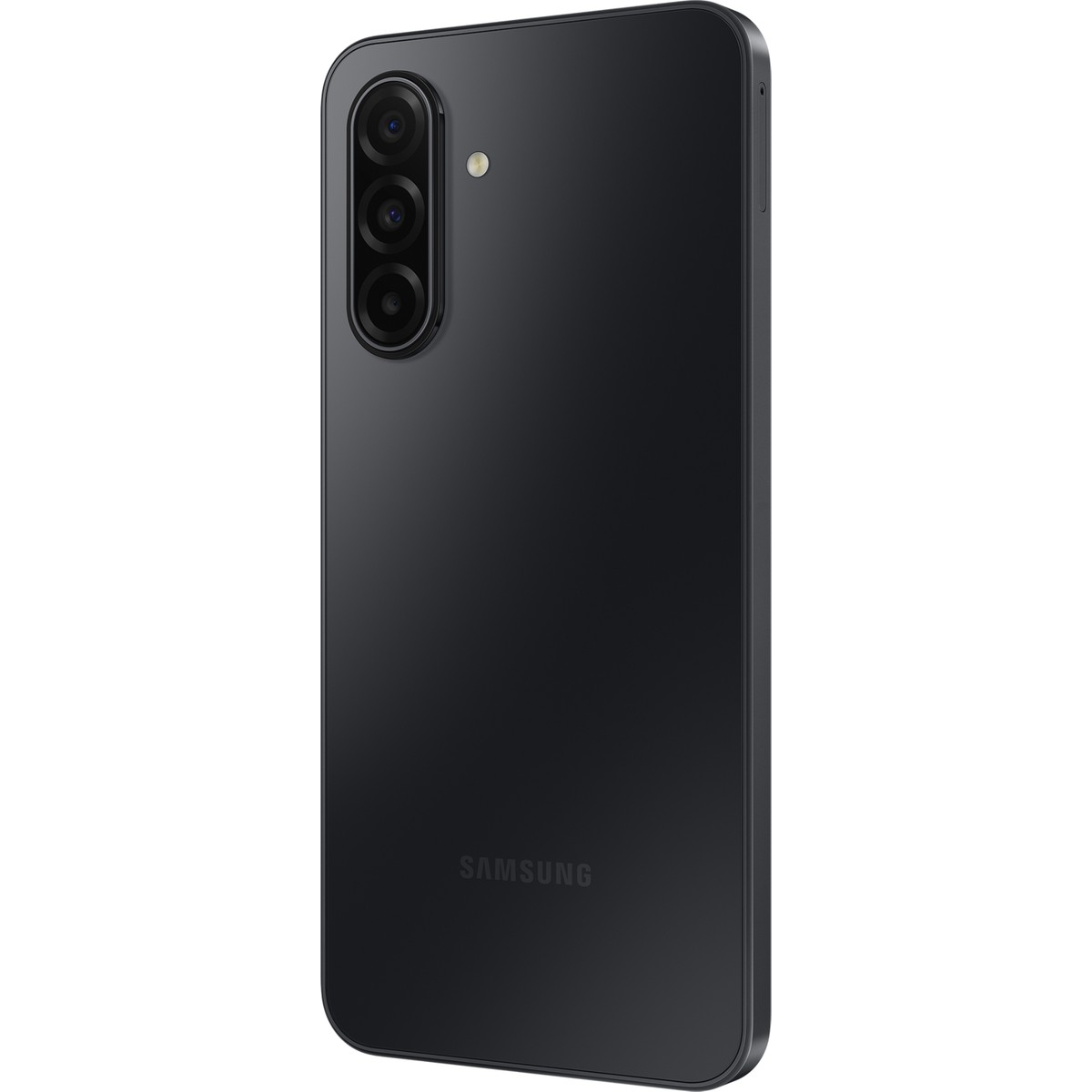 Üç kameralı ve flaşlı siyah Samsung akıllı telefon. Yan görünüm.