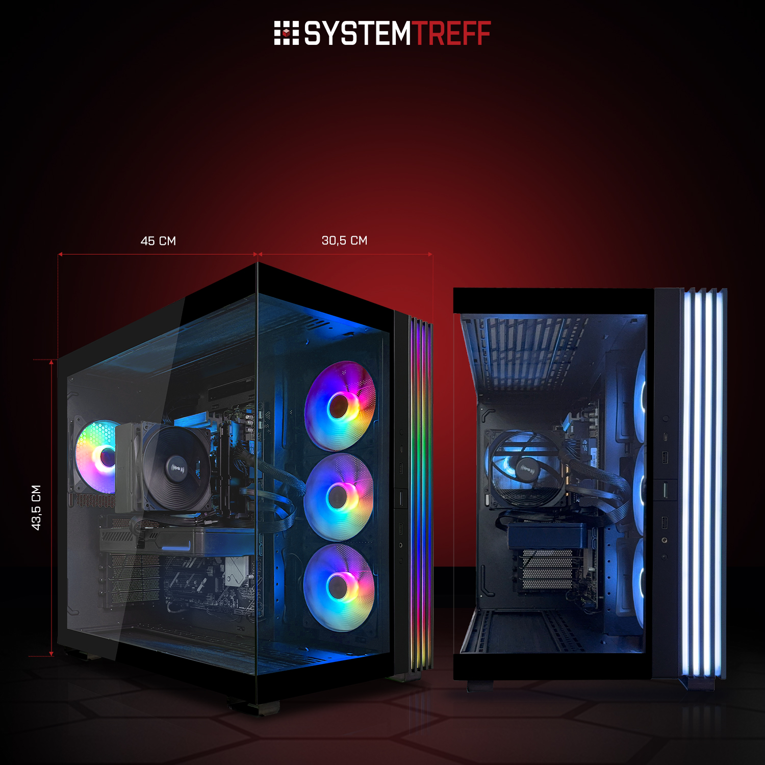 Zwei Computergehäuse gezeigt. Links mit RGB-Lüftern, rechts mit blauen LED-Lüftern. Maße angezeigt.