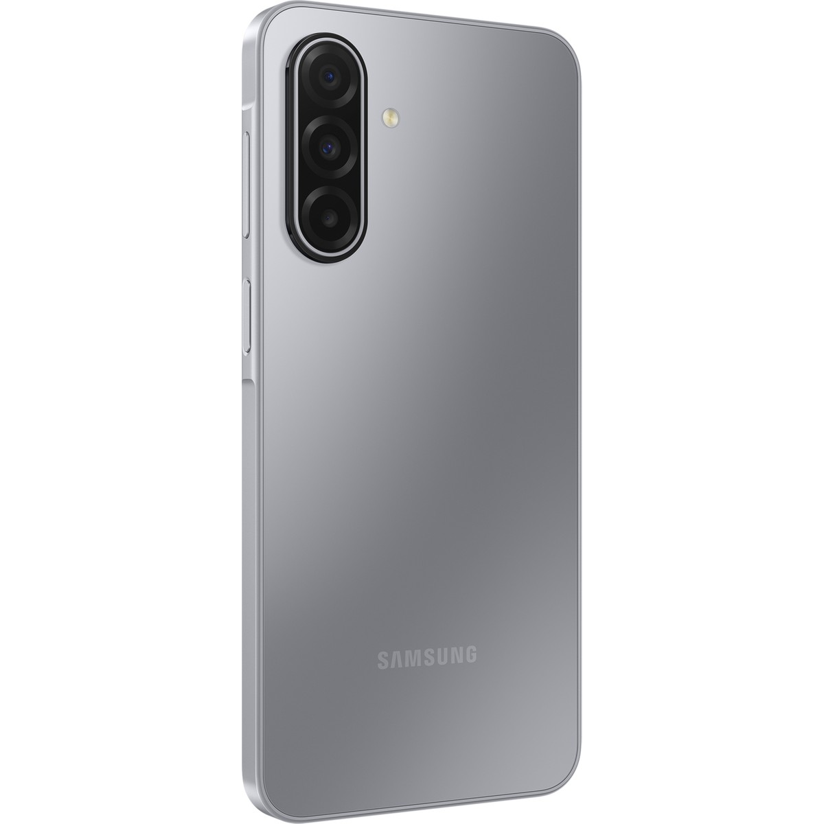 Üç kamera lensi ve flaşlı gümüş renkli Samsung akıllı telefonun arkası.