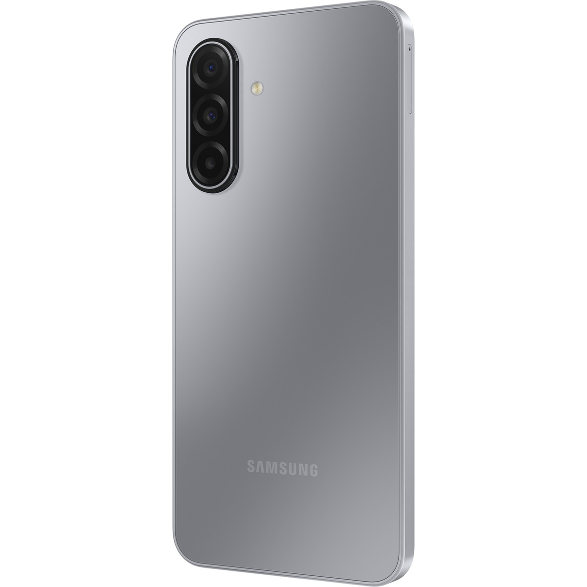 Üçlü kamera ve flaşlı gri Samsung akıllı telefonun arka görünümü.