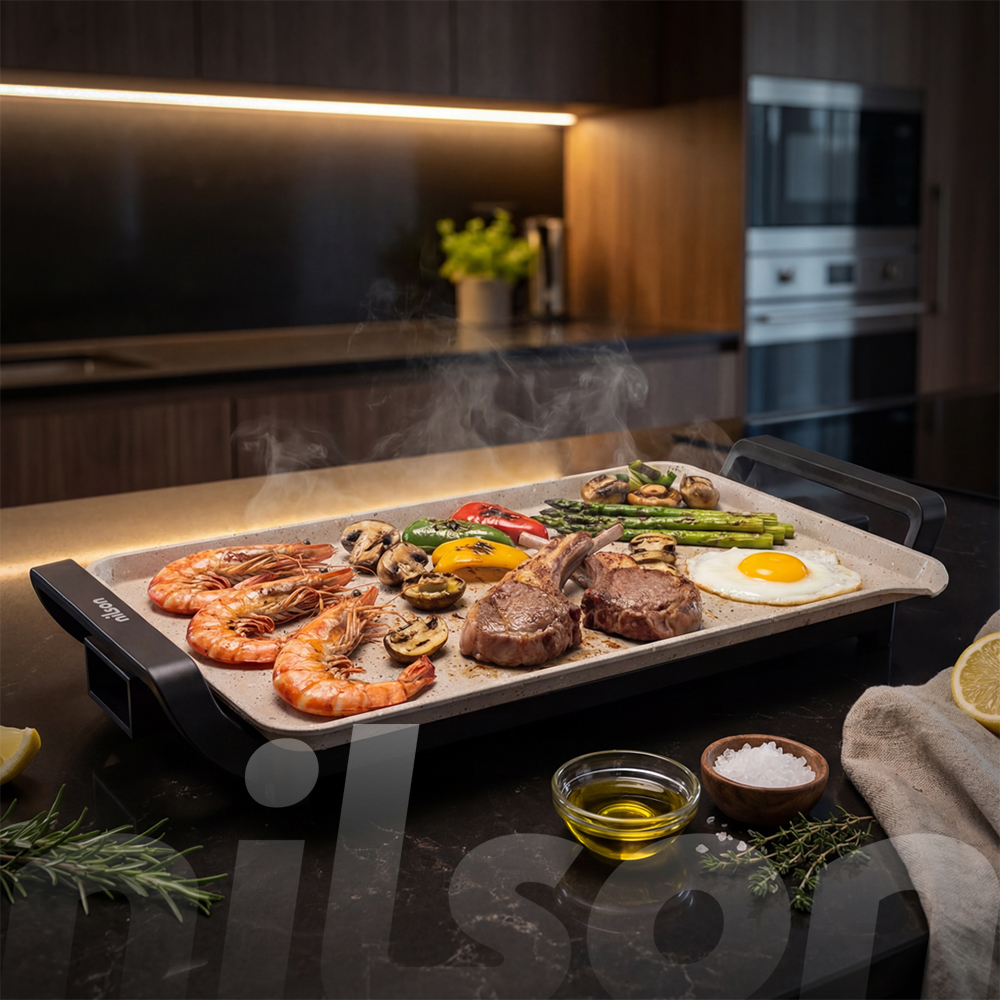 Parrilla con gambas, chuletas de cordero, champiñones, pimientos y espárragos.