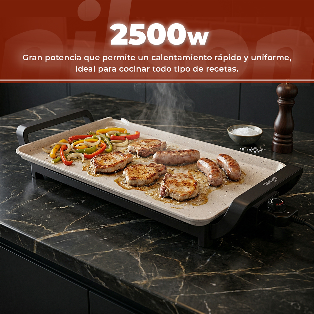 Carne y verduras chisporrotean en una plancha eléctrica de 2500W.