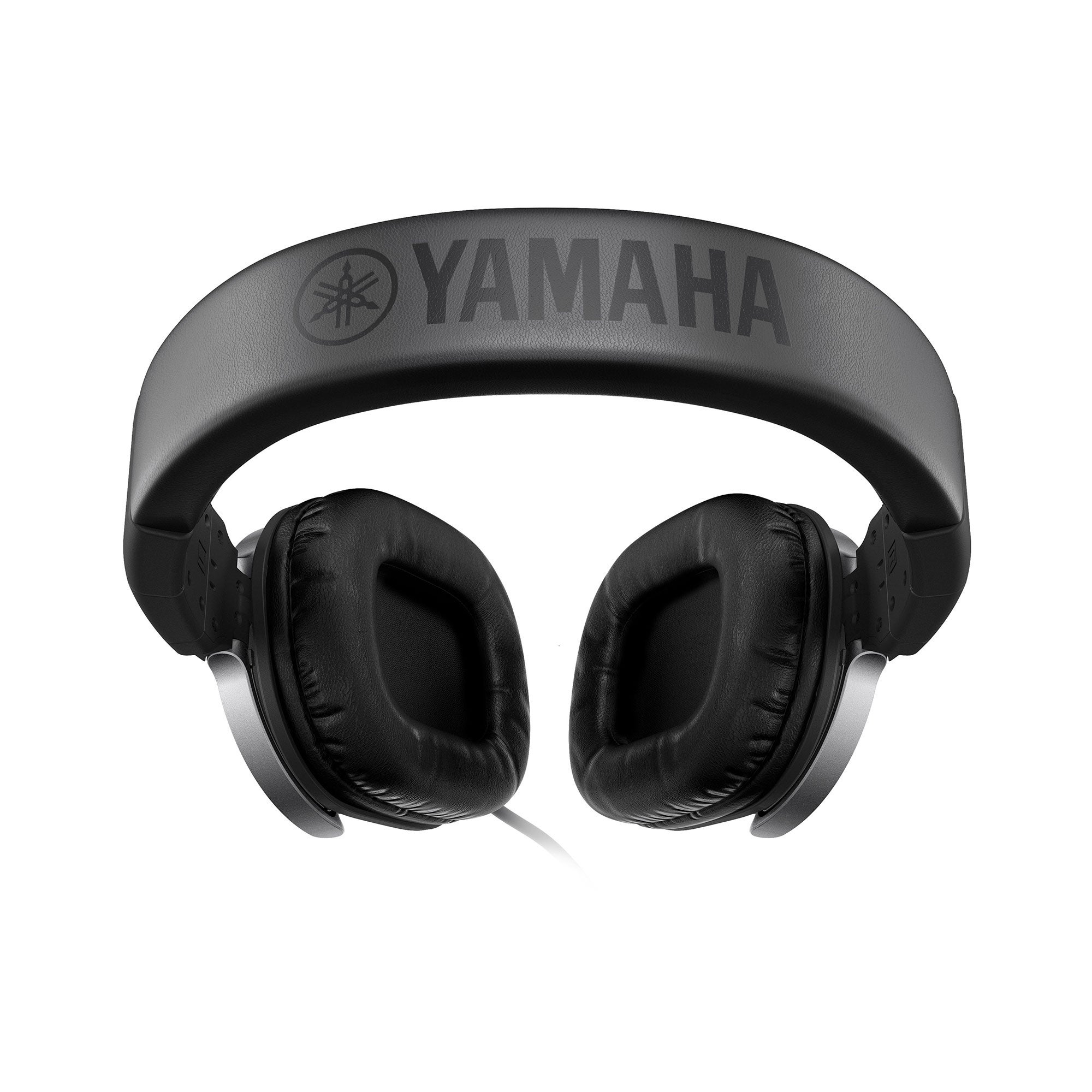 Cuffie Yamaha nere con accenti argentati e padiglioni imbottiti su sfondo bianco.