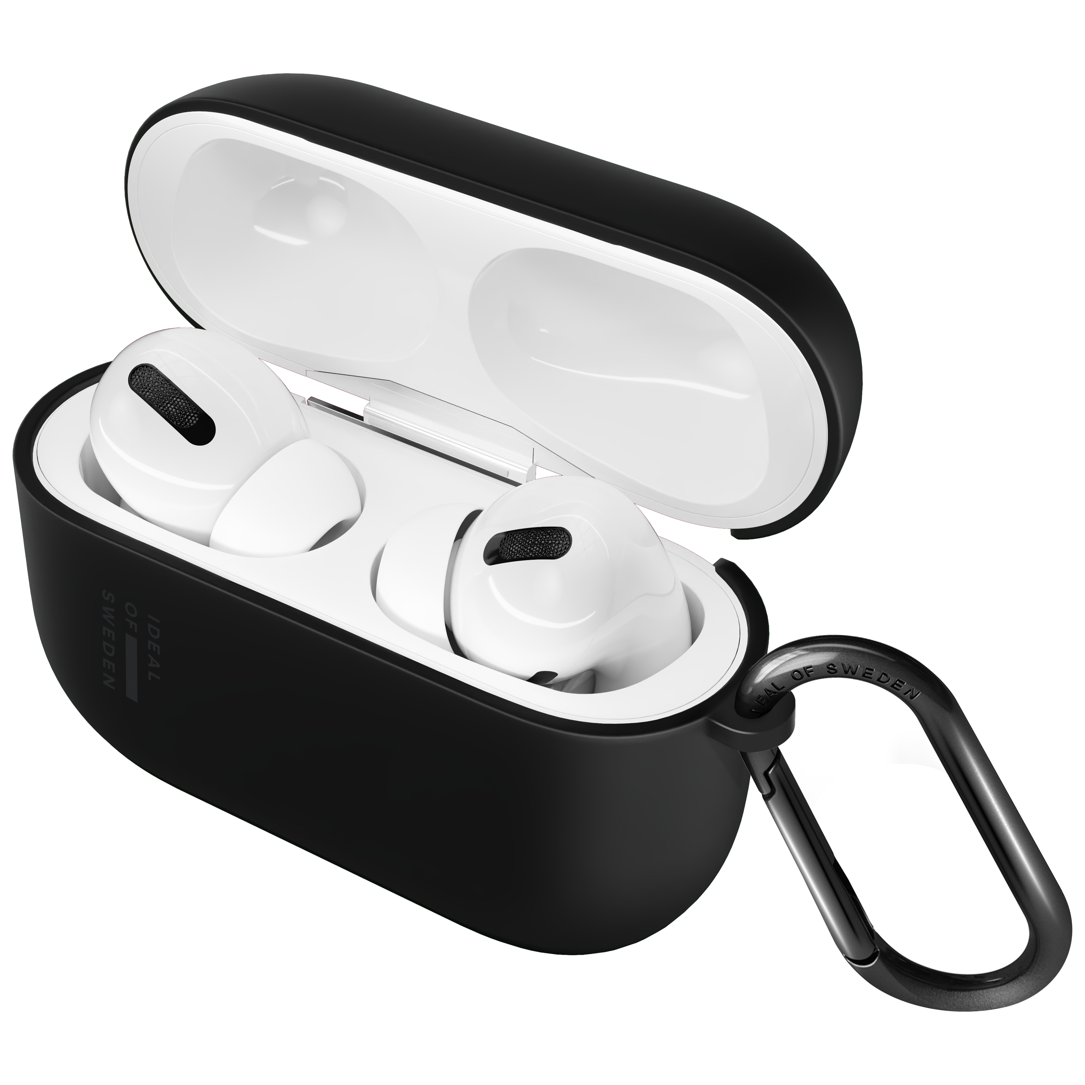 Funda negra abierta con dos auriculares blancos dentro. Mosquetón adjunto.