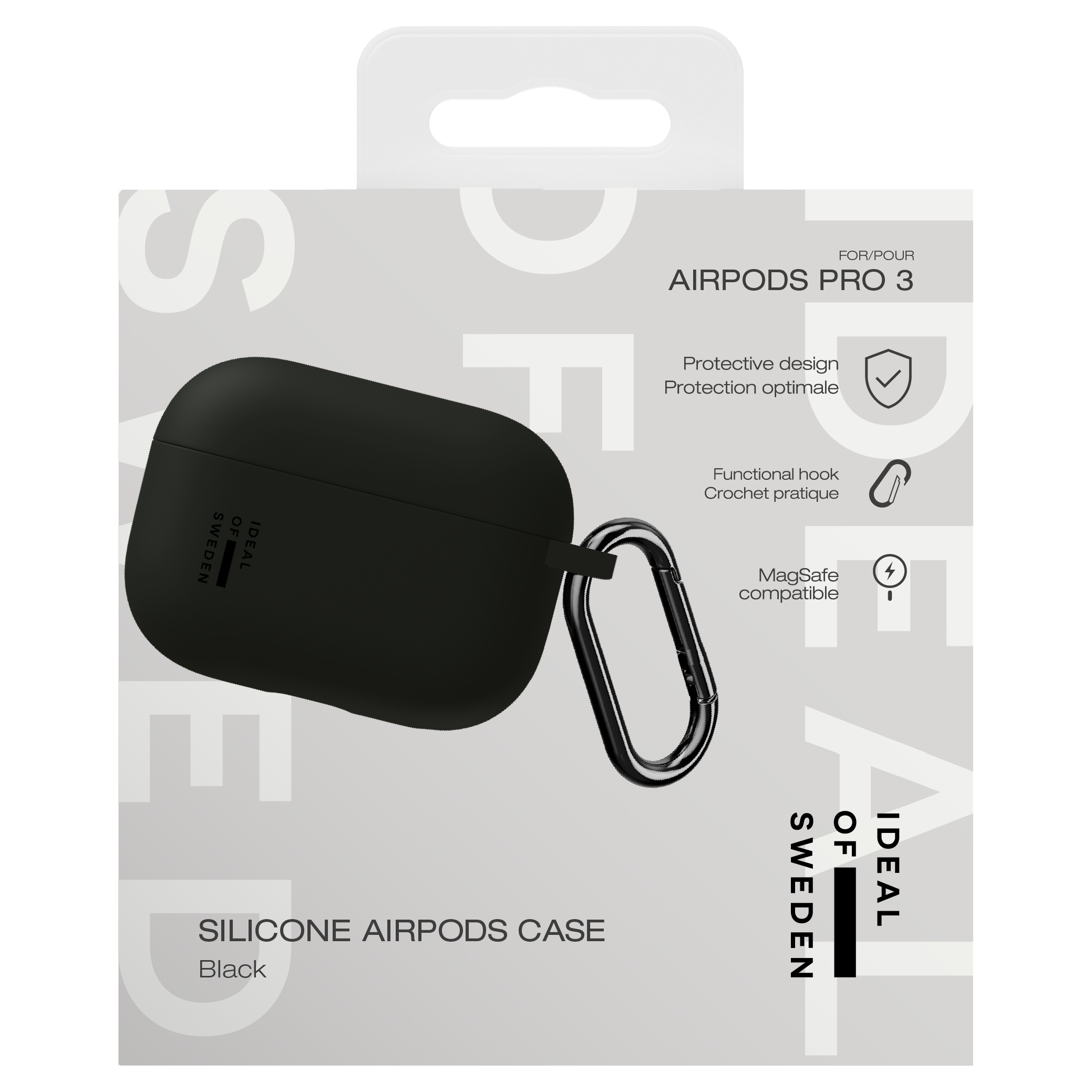 Funda negra de silicona para AirPods Pro 3 con gancho y compatibilidad MagSafe.