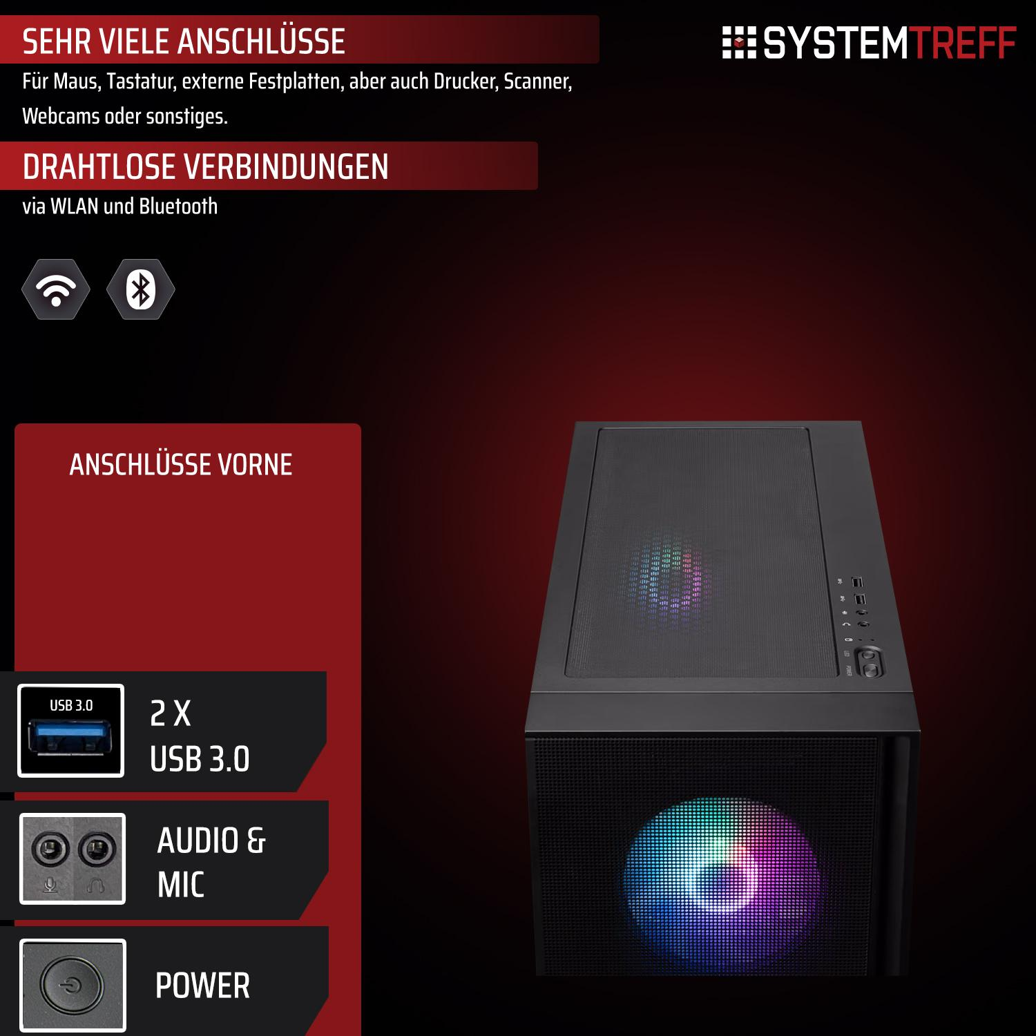 Ein schwarzes PC-Gehäuse mit RGB-Beleuchtung und Anschlusssymbolen.