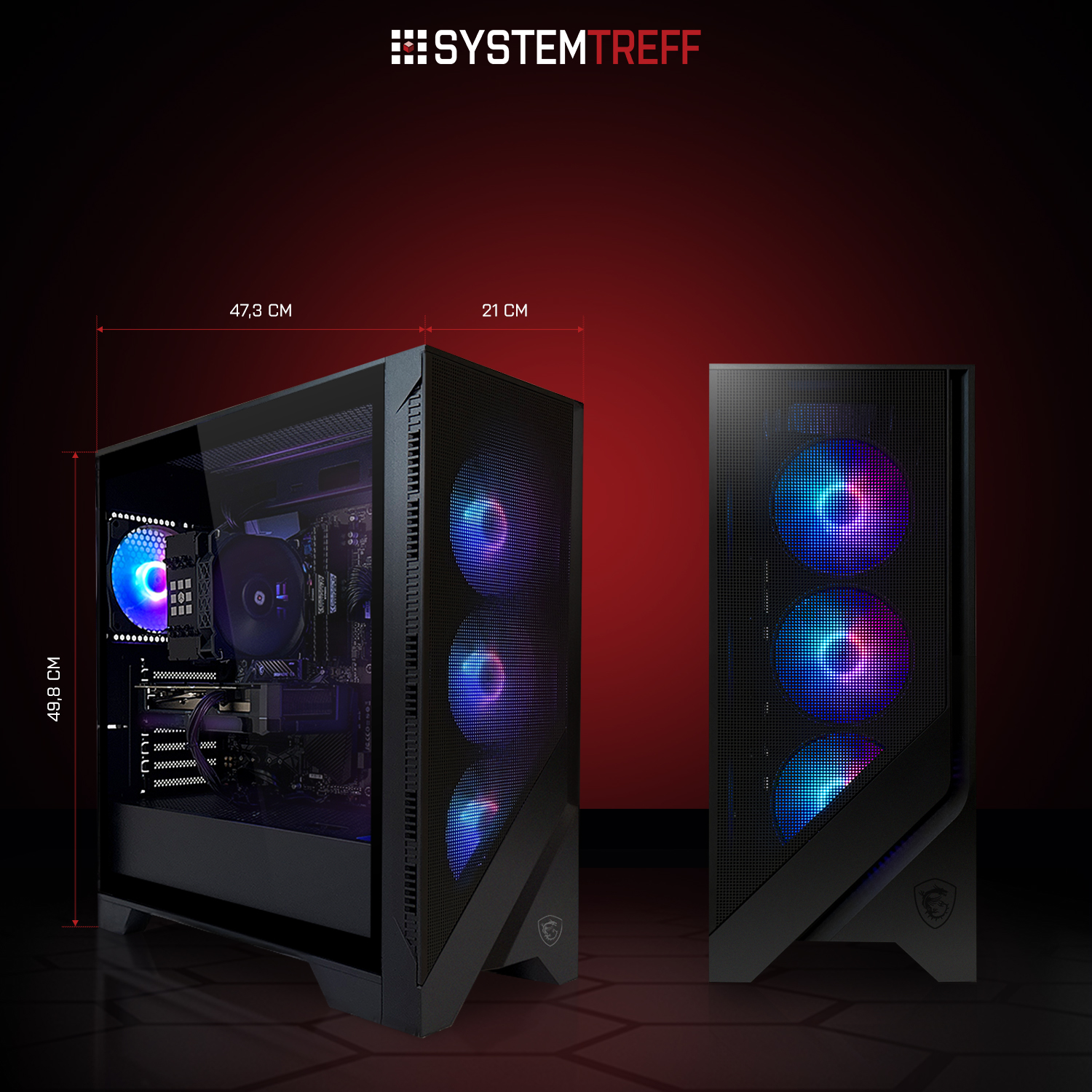 Zwei schwarze PC-Gehäuse mit RGB-Lüftern vor einem roten Hintergrund.