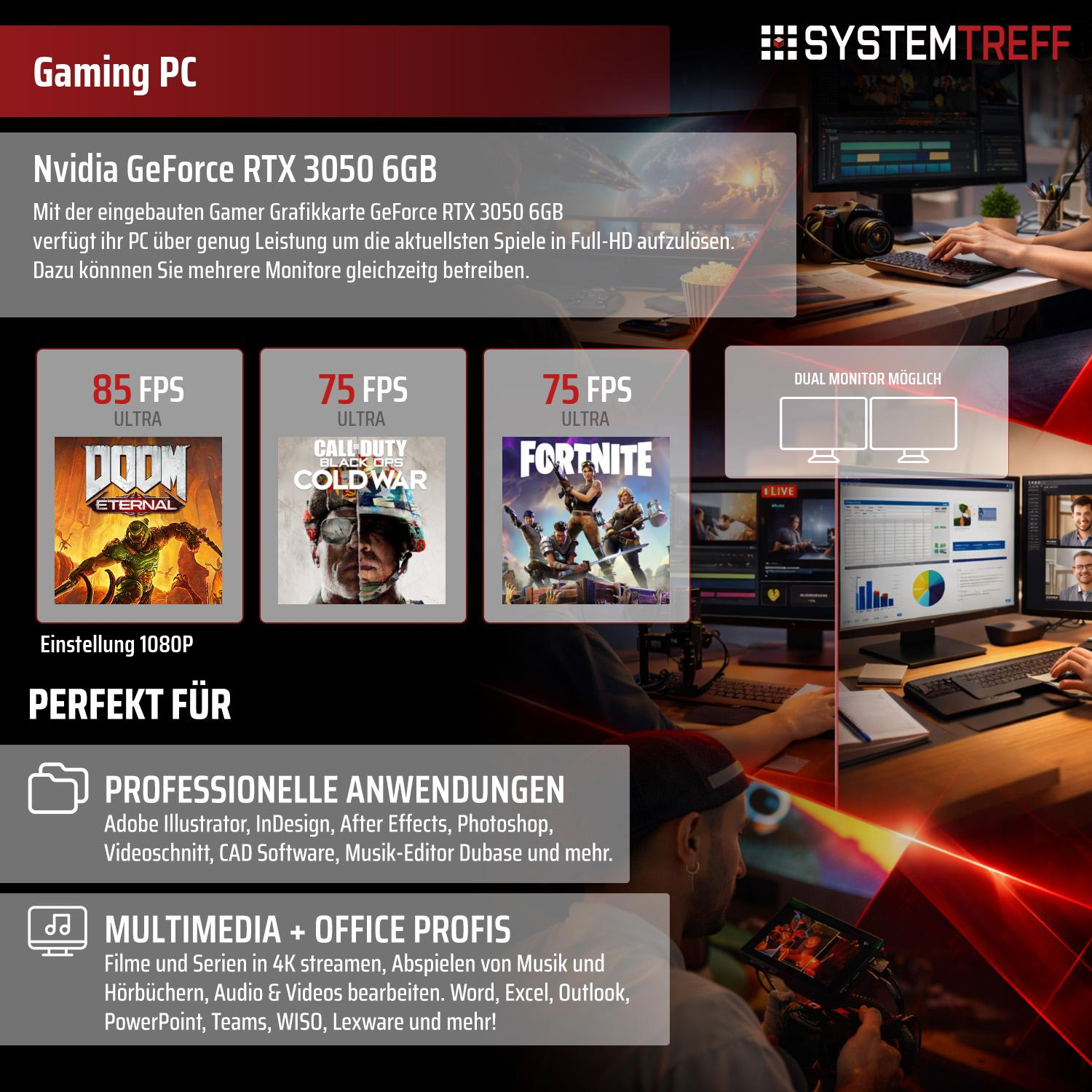 Gaming PC mit Nvidia GeForce RTX 3050 6GB. Perfekt für Spiele und Profi-Anwendungen.