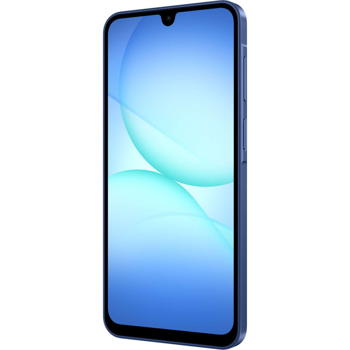 Uno smartphone blu con notch a goccia e sfondo blu.