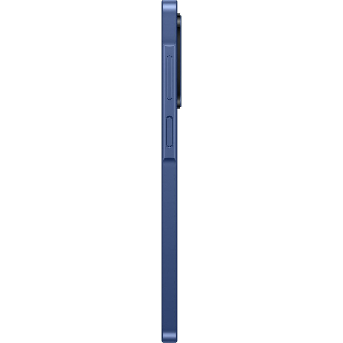Lato blu dello smartphone con pulsanti su sfondo bianco.