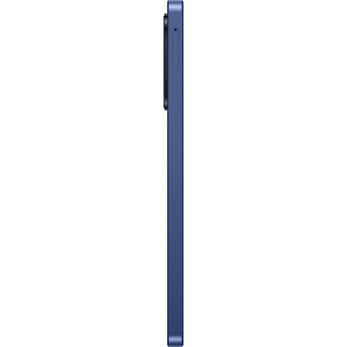 Smartphone blu scuro di profilo su sfondo bianco.