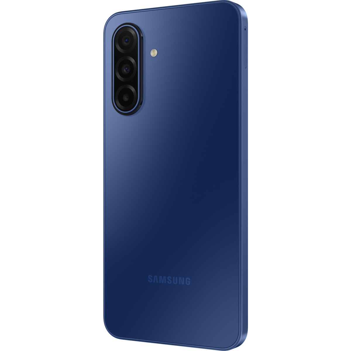 Retro di uno smartphone blu scuro con tre obiettivi della fotocamera e flash.