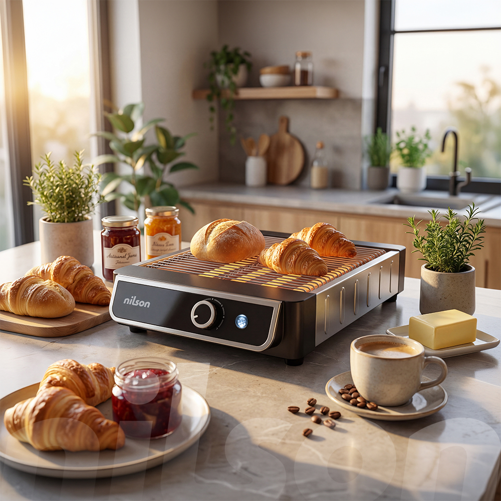 Una parrilla Nilson con pan y croissants en una cocina.