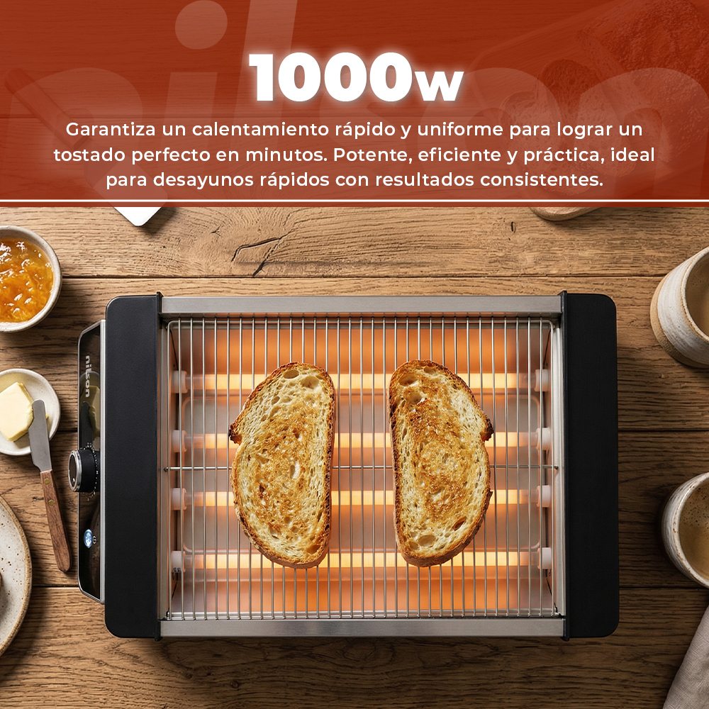Una tostadora con dos rebanadas de pan tostado sobre una mesa de madera.