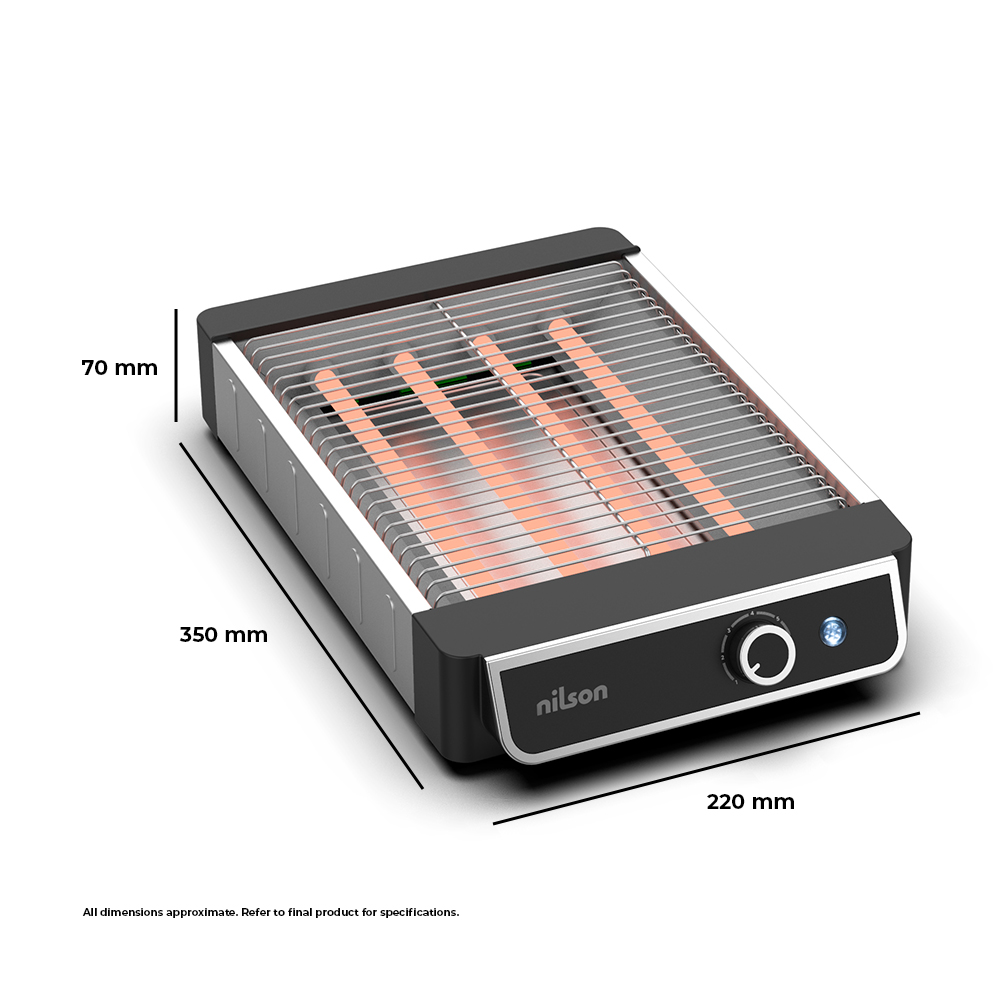 Una parrilla eléctrica Nilson de 350x220x70mm, con elementos incandescentes.