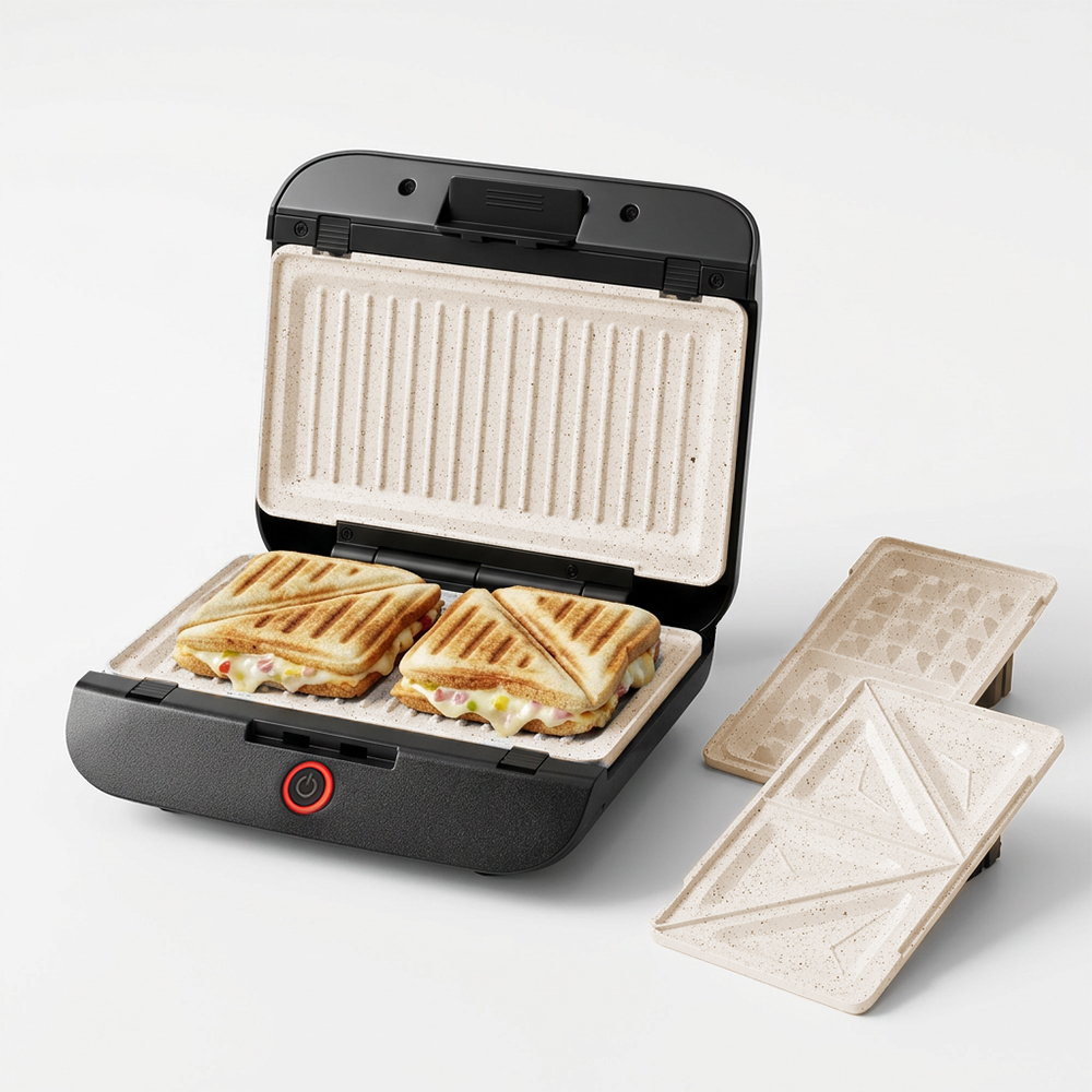 Una sandwichera abierta con dos sándwiches terminados y dos placas adicionales.
